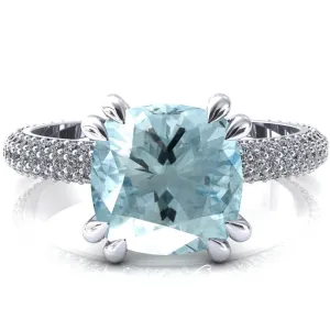 Elley Cushion Aqua Blue Spinel 4 Claw Prong Diamond Accent Engagement Ring