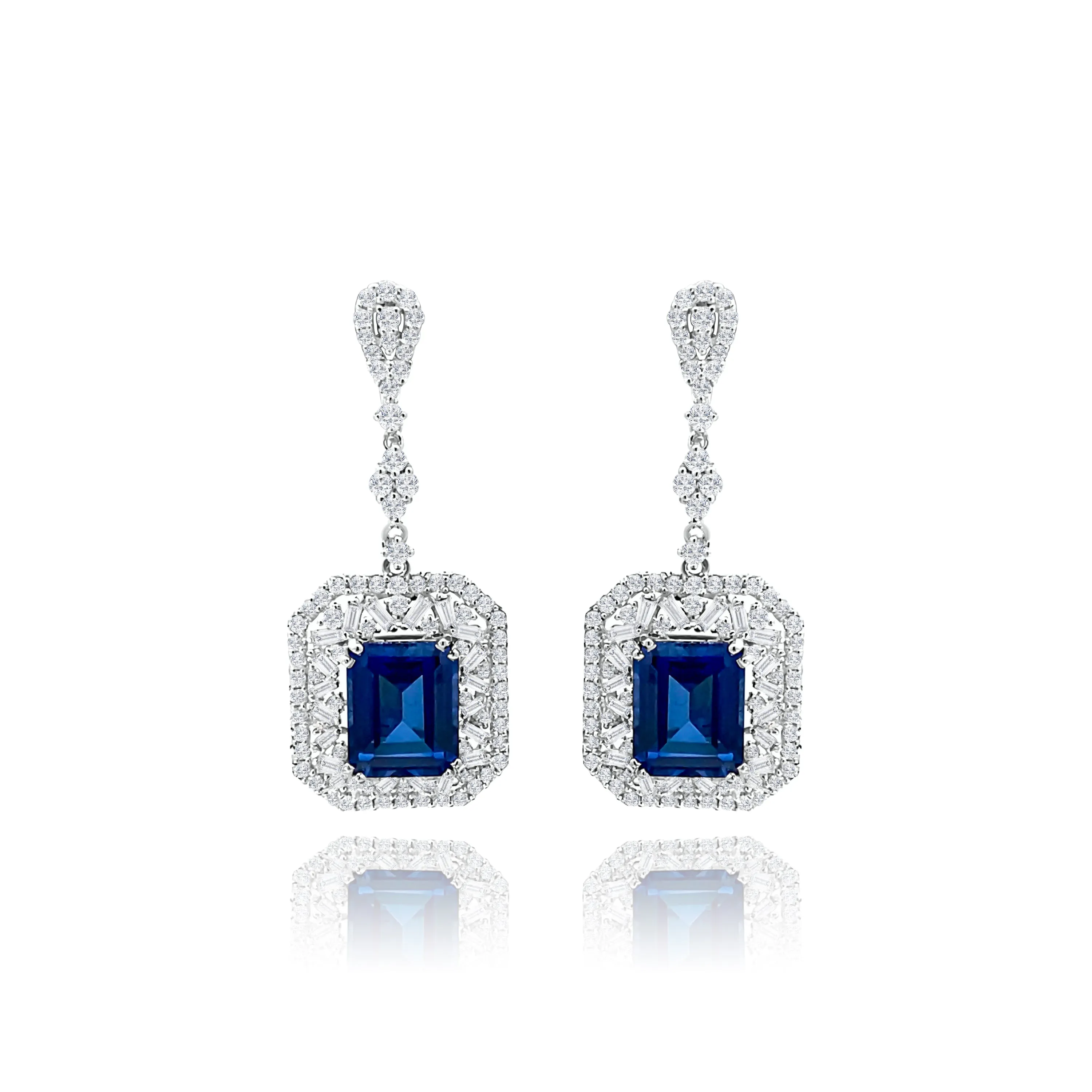 Emerald cut Sapphire With Baguette cut & Brilliant cut Diamonds "Capri" Earrings