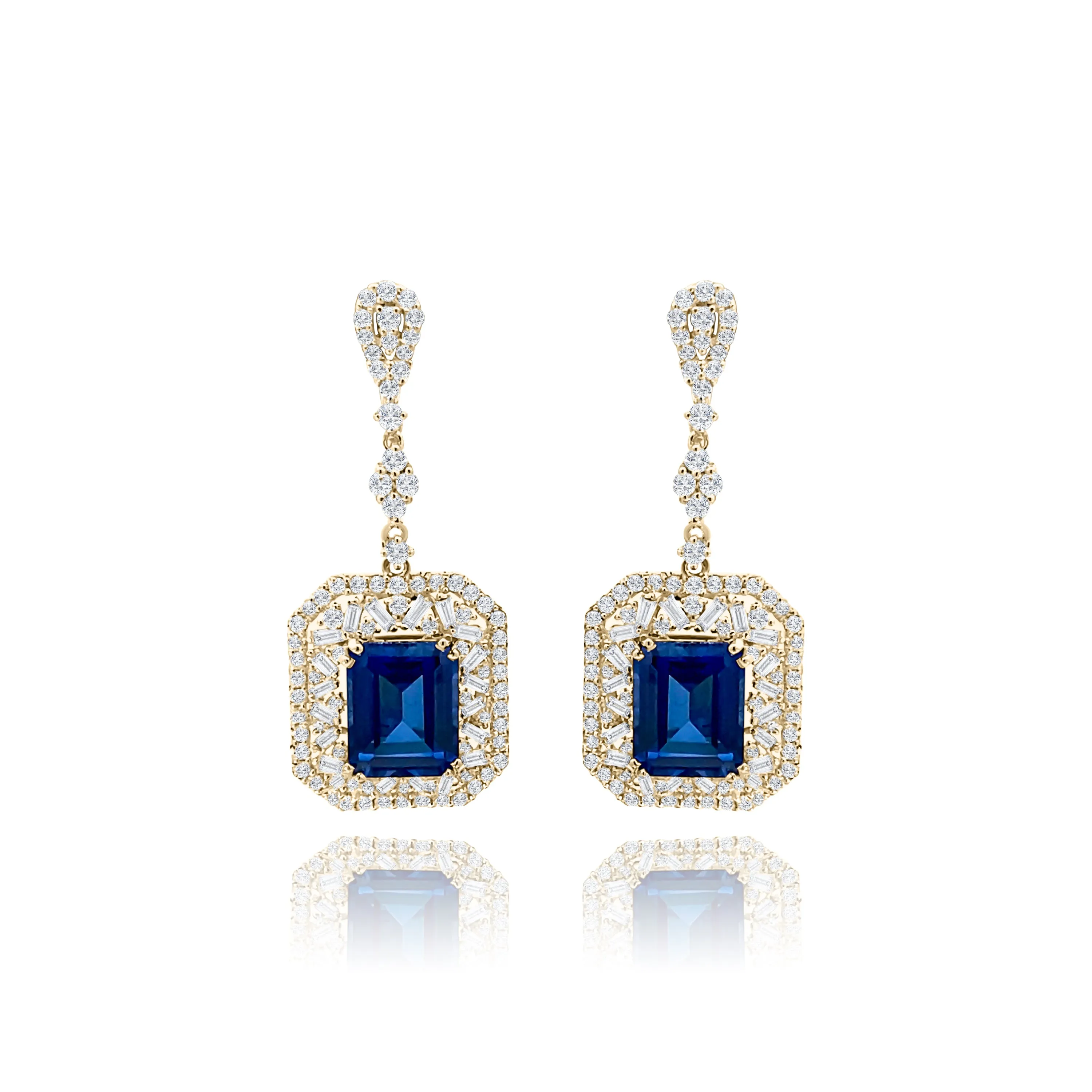 Emerald cut Sapphire With Baguette cut & Brilliant cut Diamonds "Capri" Earrings