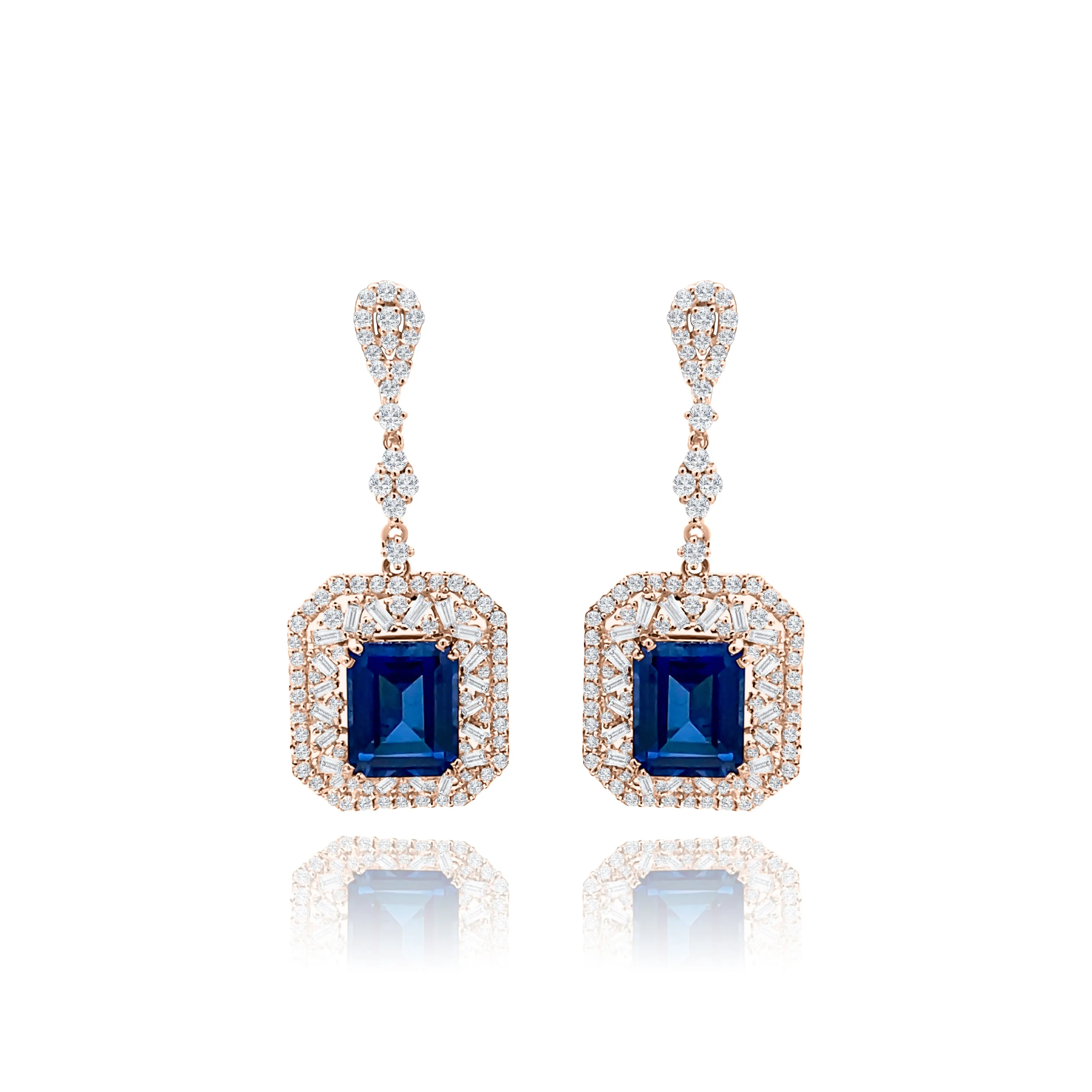 Emerald cut Sapphire With Baguette cut & Brilliant cut Diamonds "Capri" Earrings