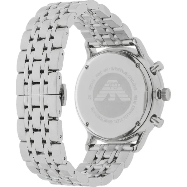 EMPORIO ARMANI Classic Silver Stainless Steel Black Dial Chronograph Quartz Watch for Gents - AR0389