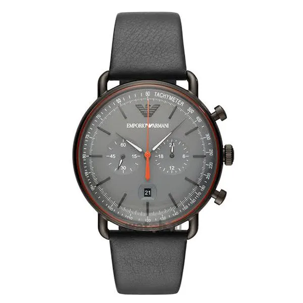 EMPORIO ARMANI Grey Dial Black Leather Strap Chronograph Watch For Gents - AR11168
