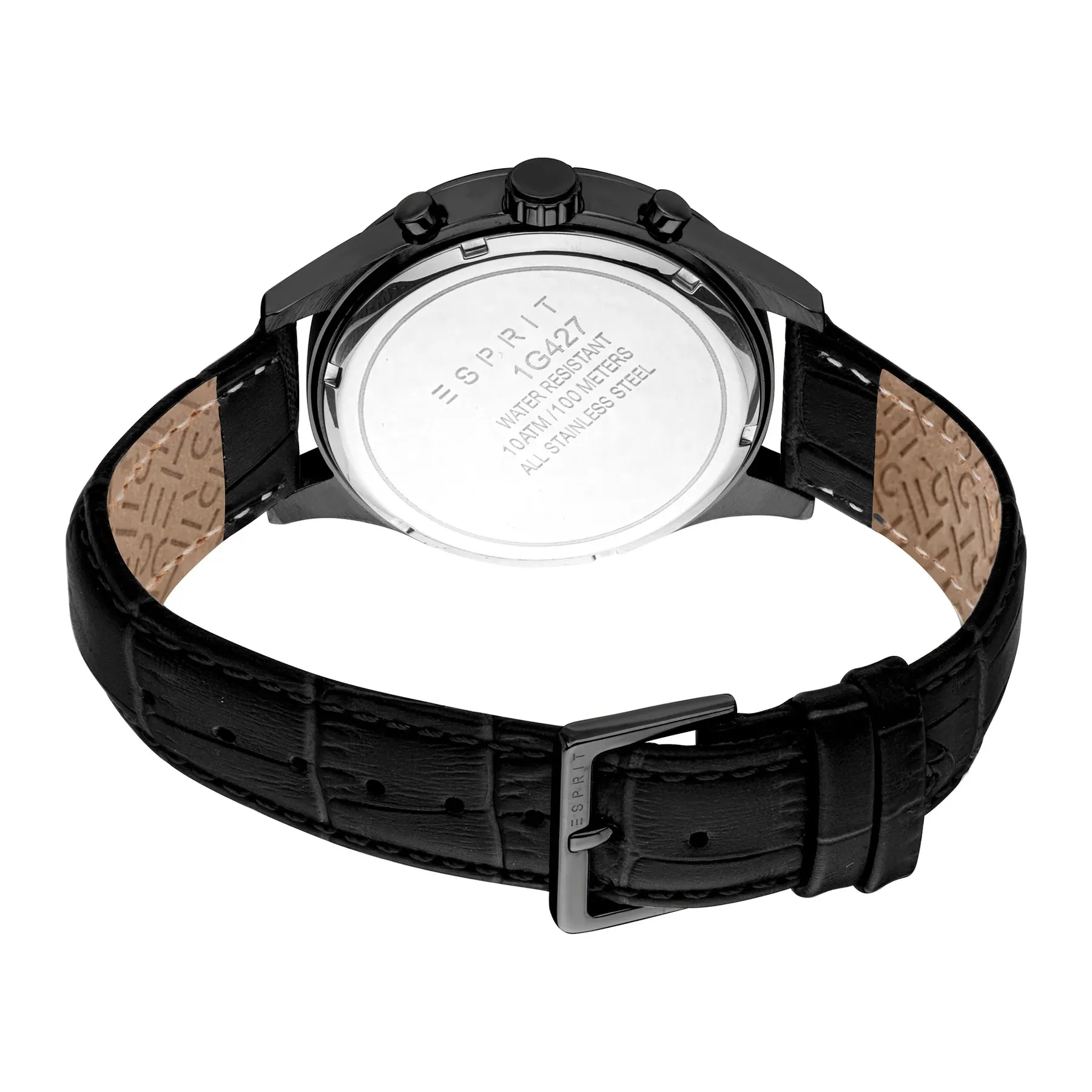 ESPRIT Jack Chronograph Gents Black Dial Black Stainless Steel Case Black Leather Strap Watch