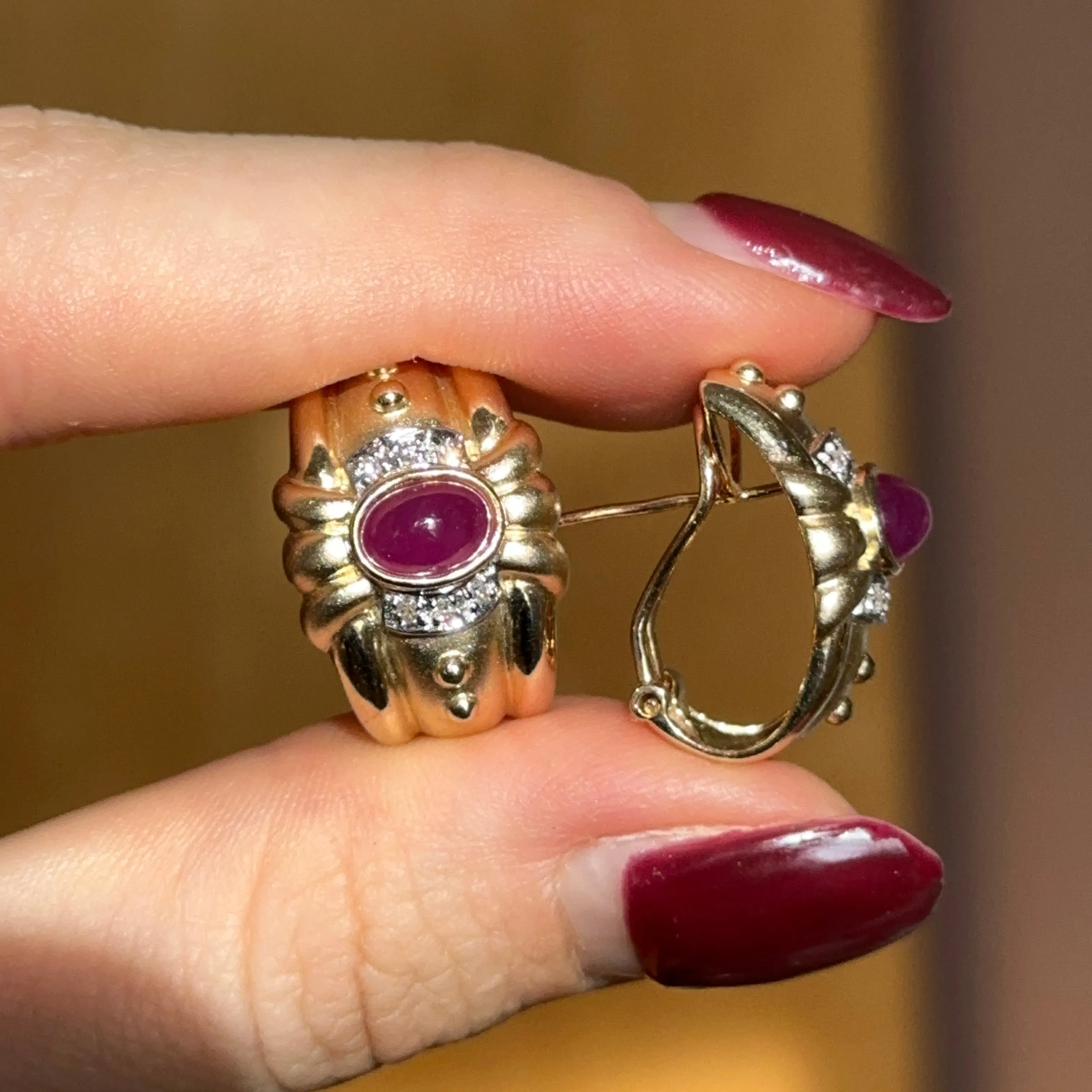 Estate 14KT Yellow Gold Etruscan Ruby   Diamond Matte Omega Back Earrings
