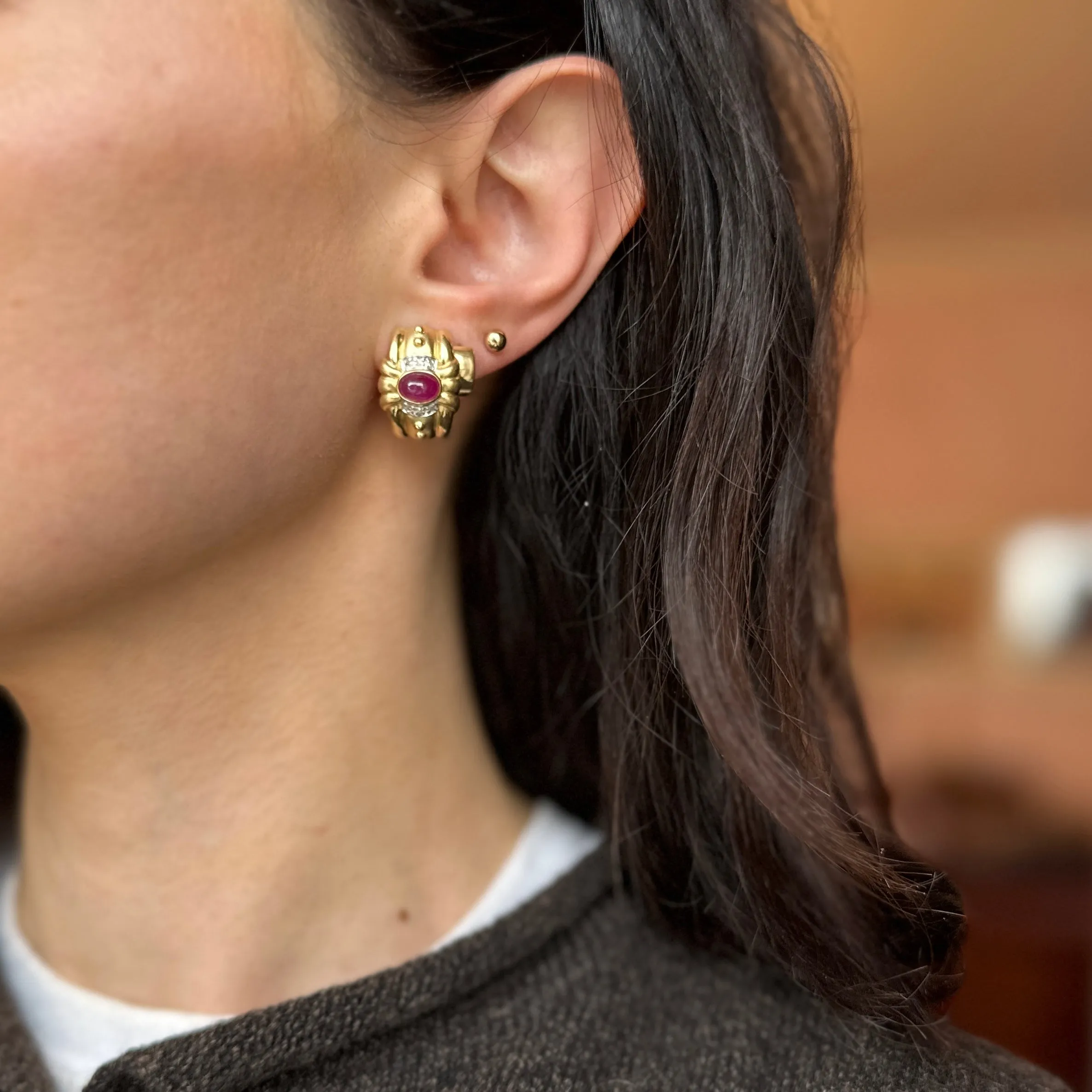 Estate 14KT Yellow Gold Etruscan Ruby   Diamond Matte Omega Back Earrings