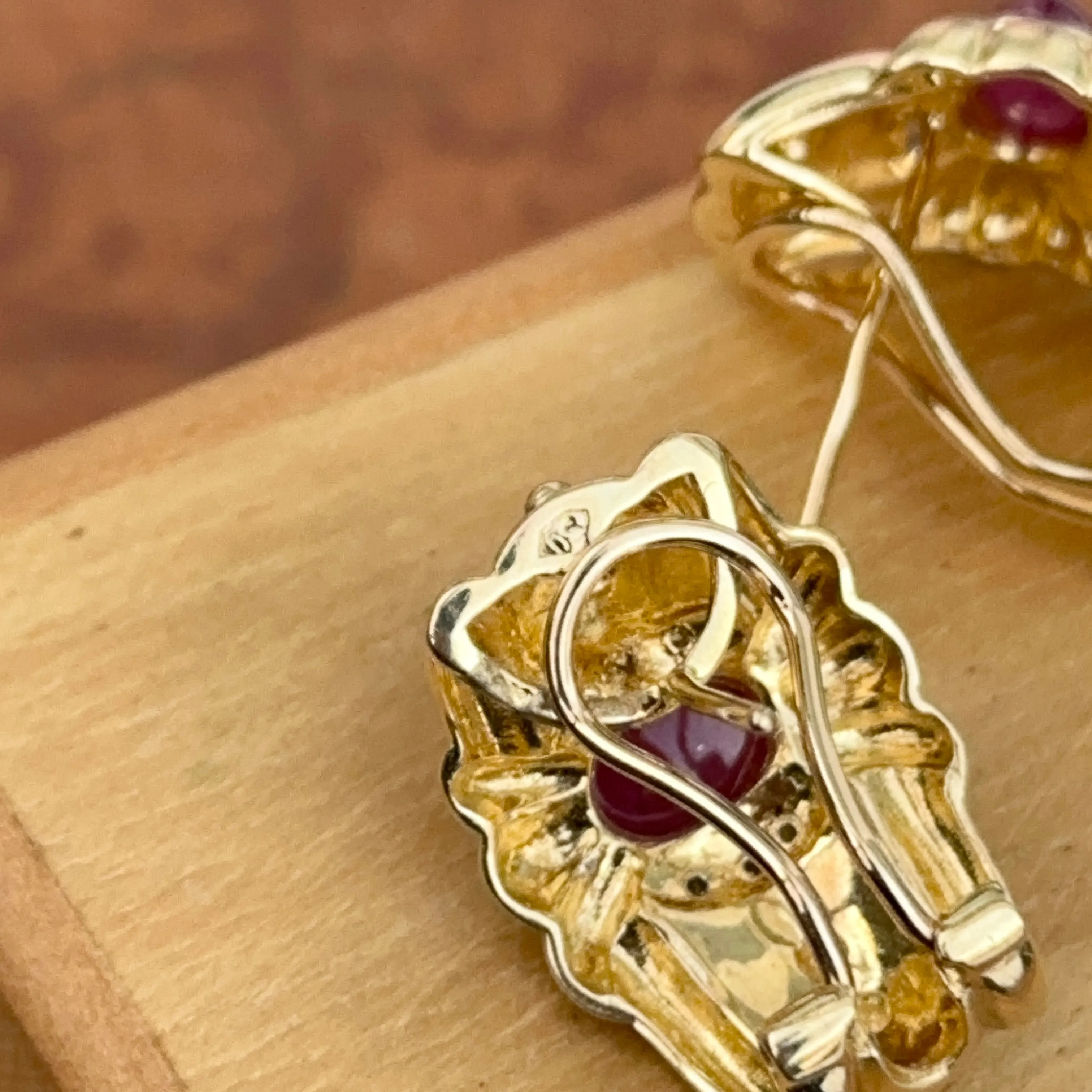 Estate 14KT Yellow Gold Etruscan Ruby   Diamond Matte Omega Back Earrings