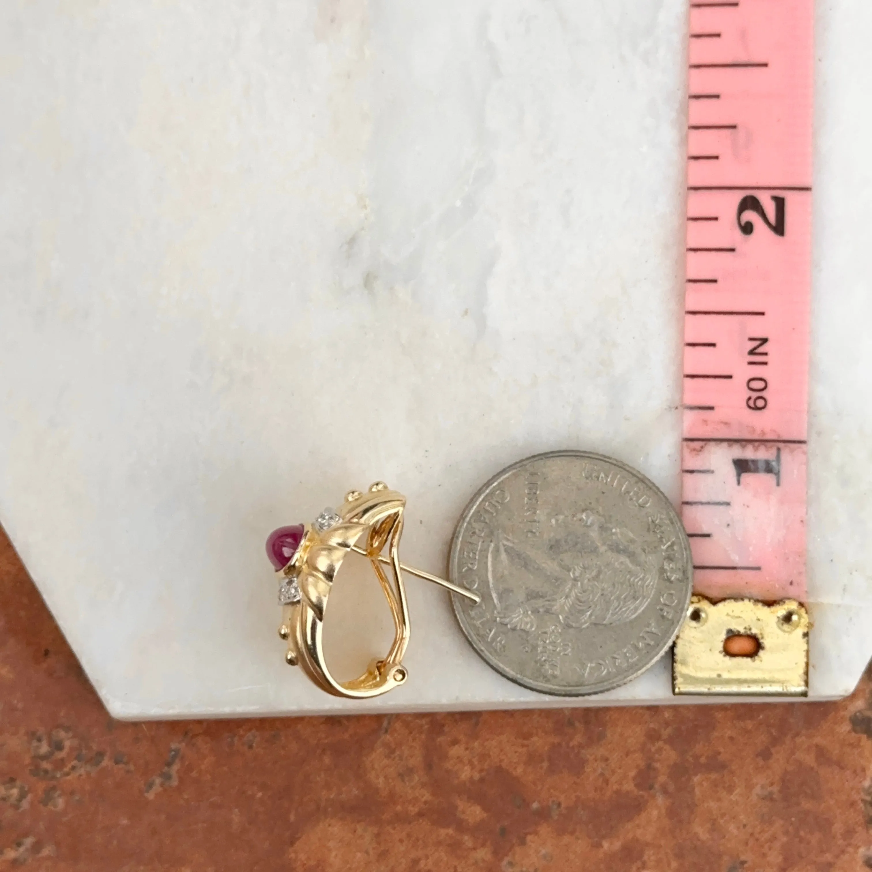 Estate 14KT Yellow Gold Etruscan Ruby   Diamond Matte Omega Back Earrings