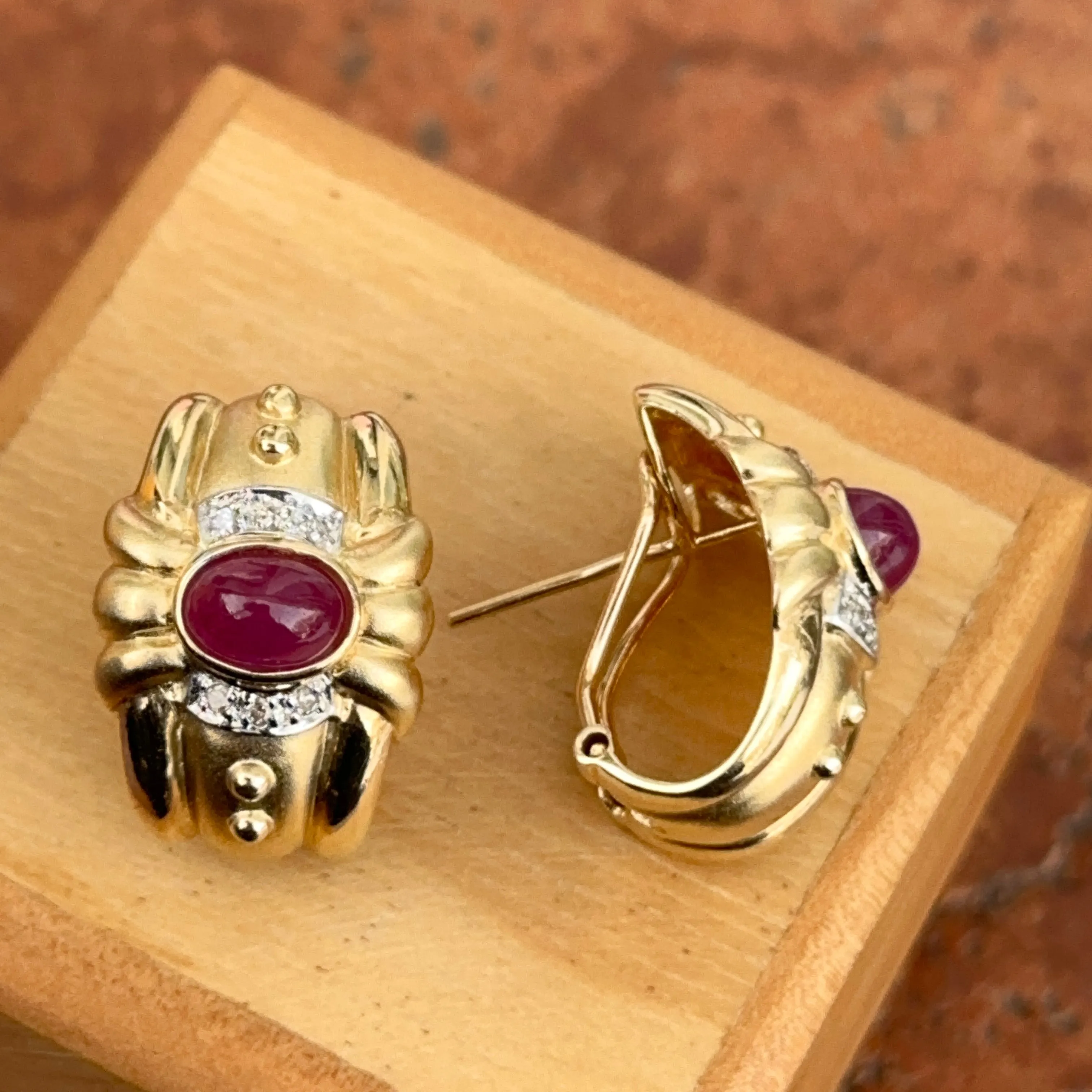 Estate 14KT Yellow Gold Etruscan Ruby   Diamond Matte Omega Back Earrings