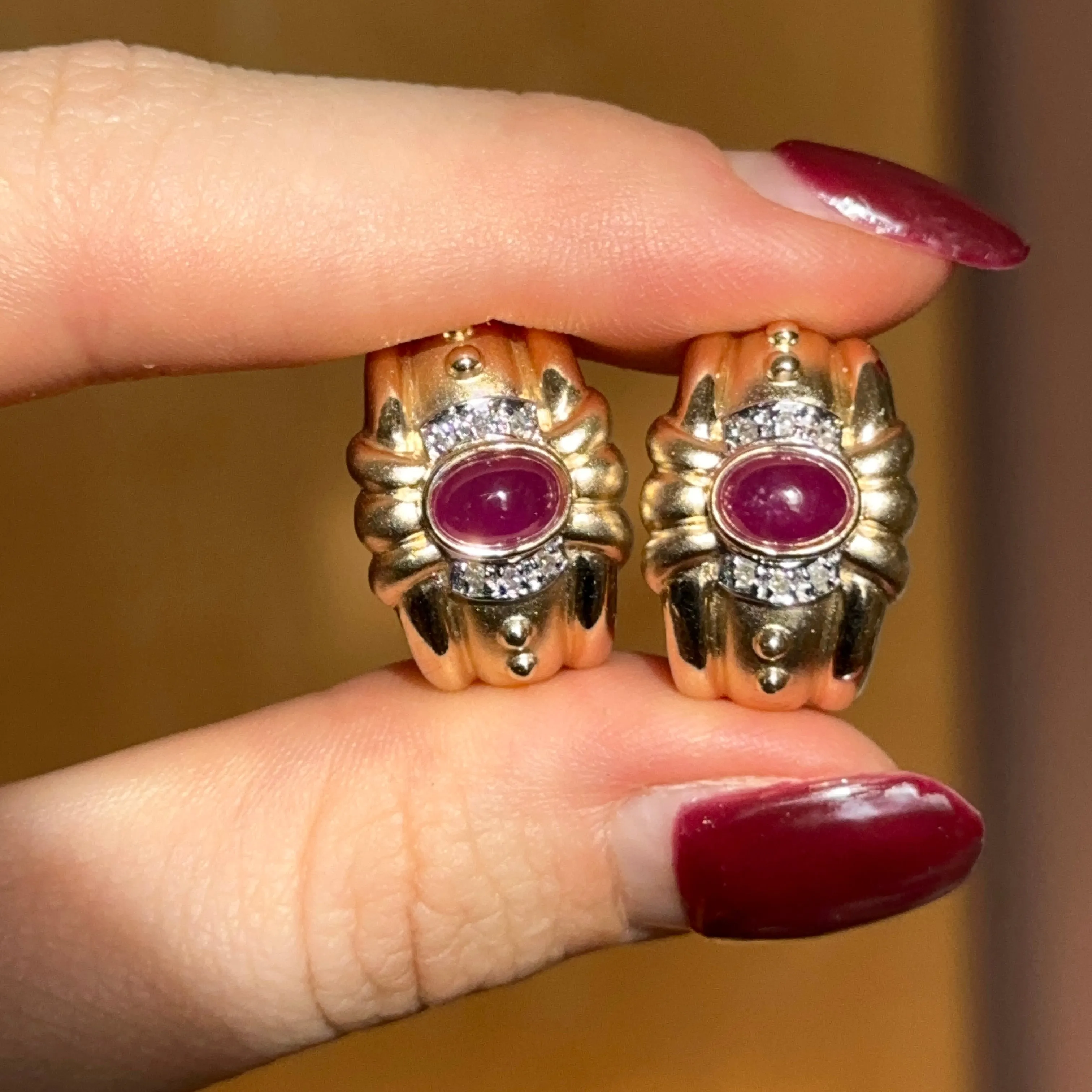 Estate 14KT Yellow Gold Etruscan Ruby   Diamond Matte Omega Back Earrings