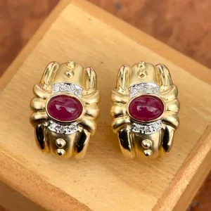 Estate 14KT Yellow Gold Etruscan Ruby   Diamond Matte Omega Back Earrings