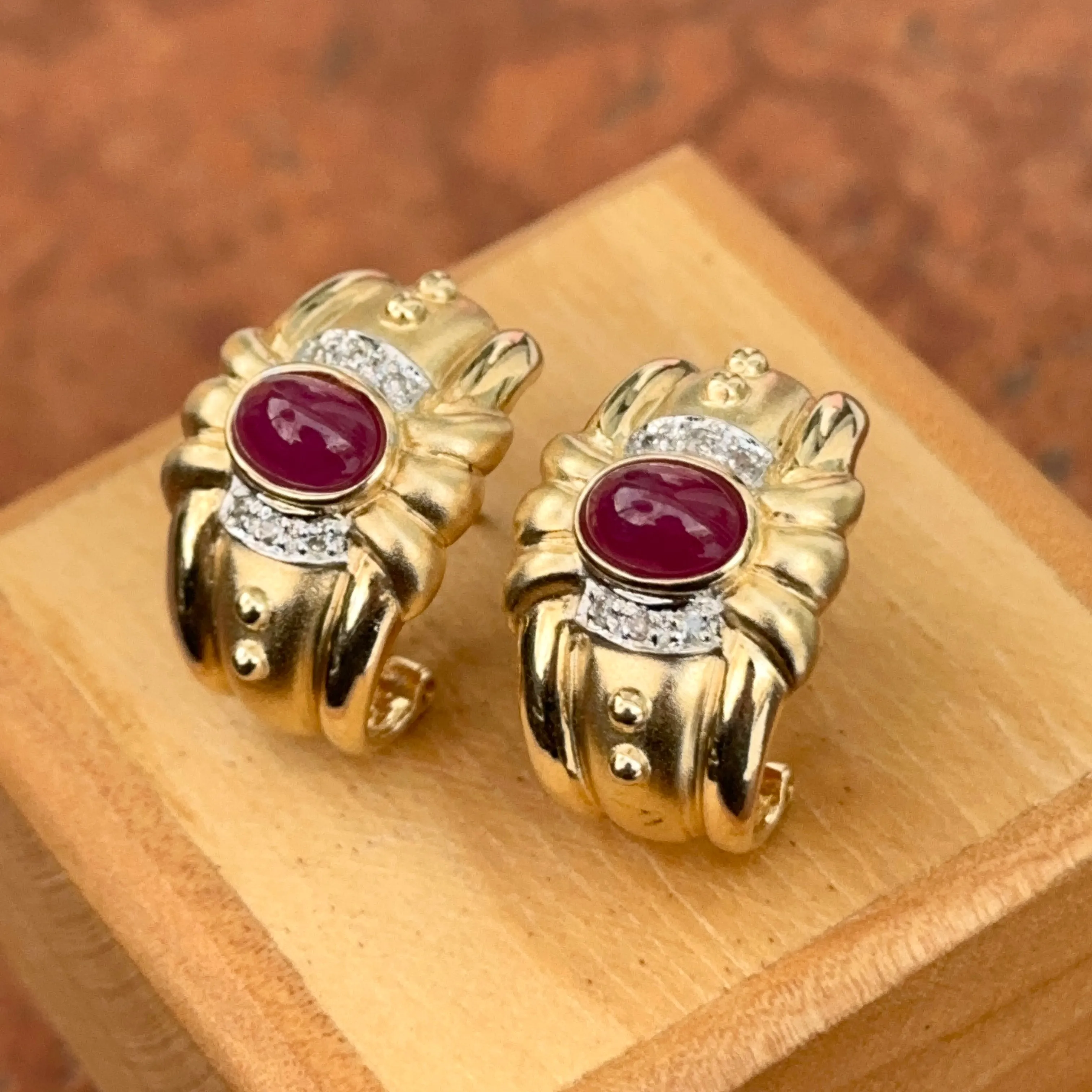 Estate 14KT Yellow Gold Etruscan Ruby   Diamond Matte Omega Back Earrings