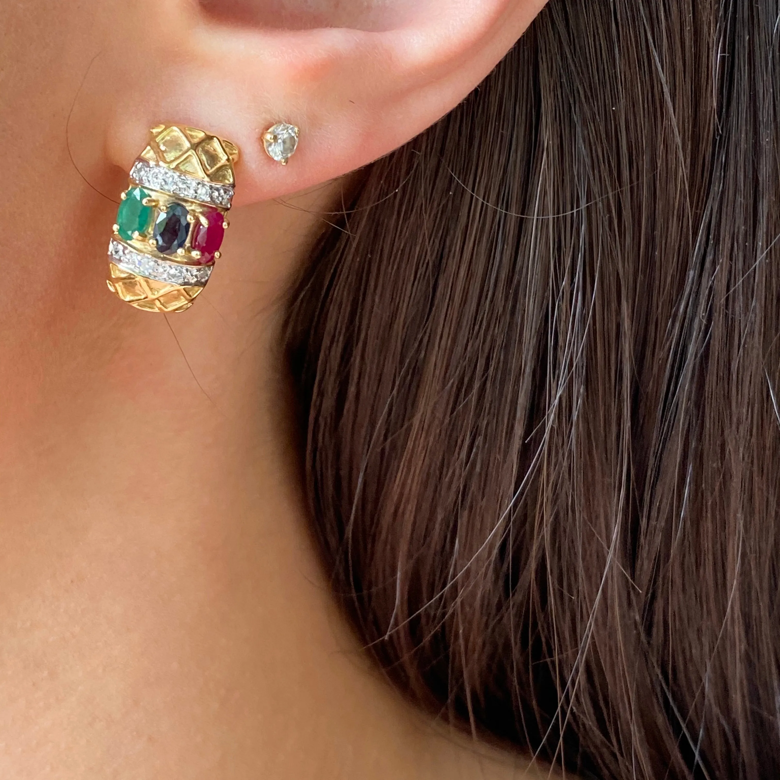 Estate 14KT Yellow Gold Pave Diamond   Ruby, Sapphire, Emerald Omega Back Earrings