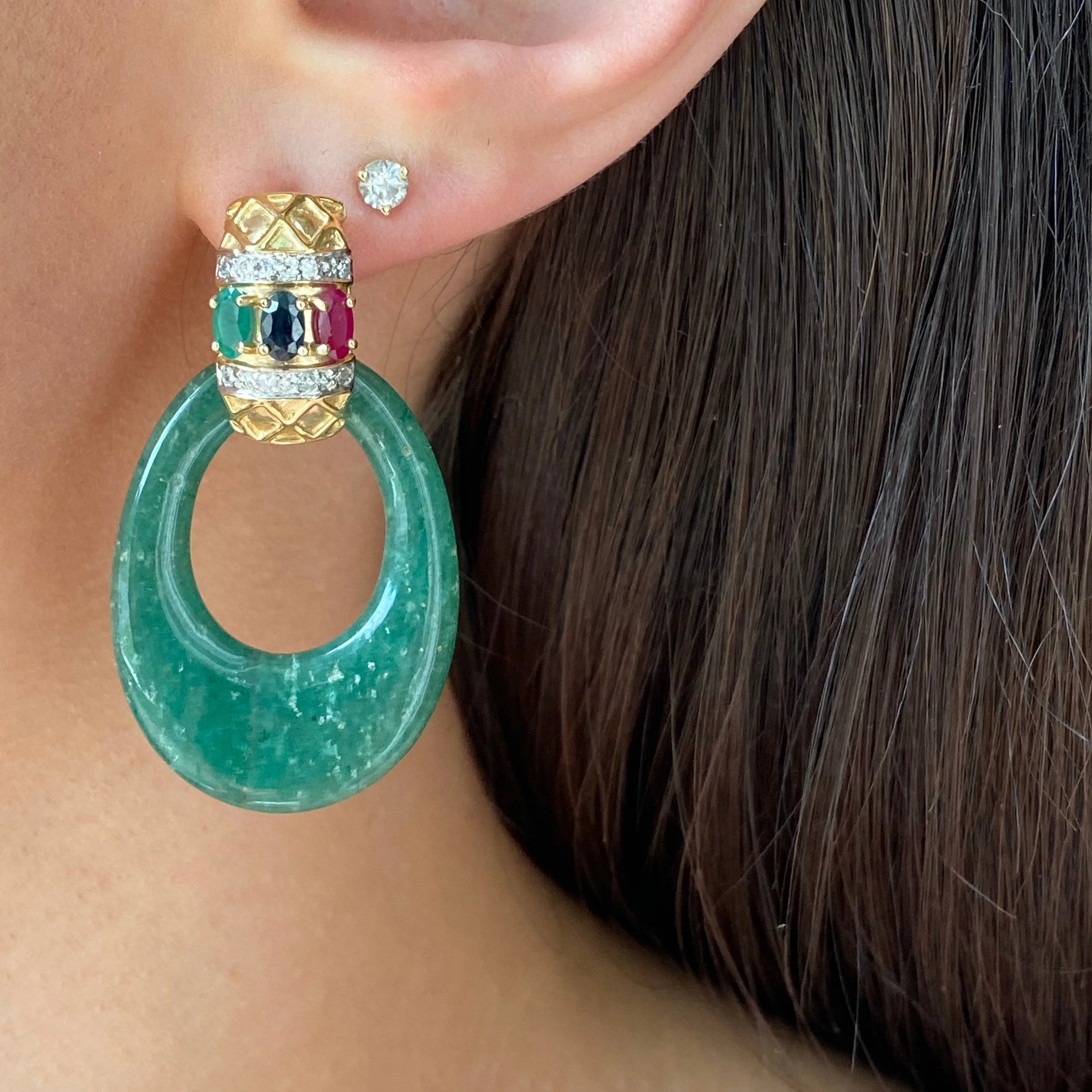 Estate 14KT Yellow Gold Pave Diamond   Ruby, Sapphire, Emerald Omega Back Earrings