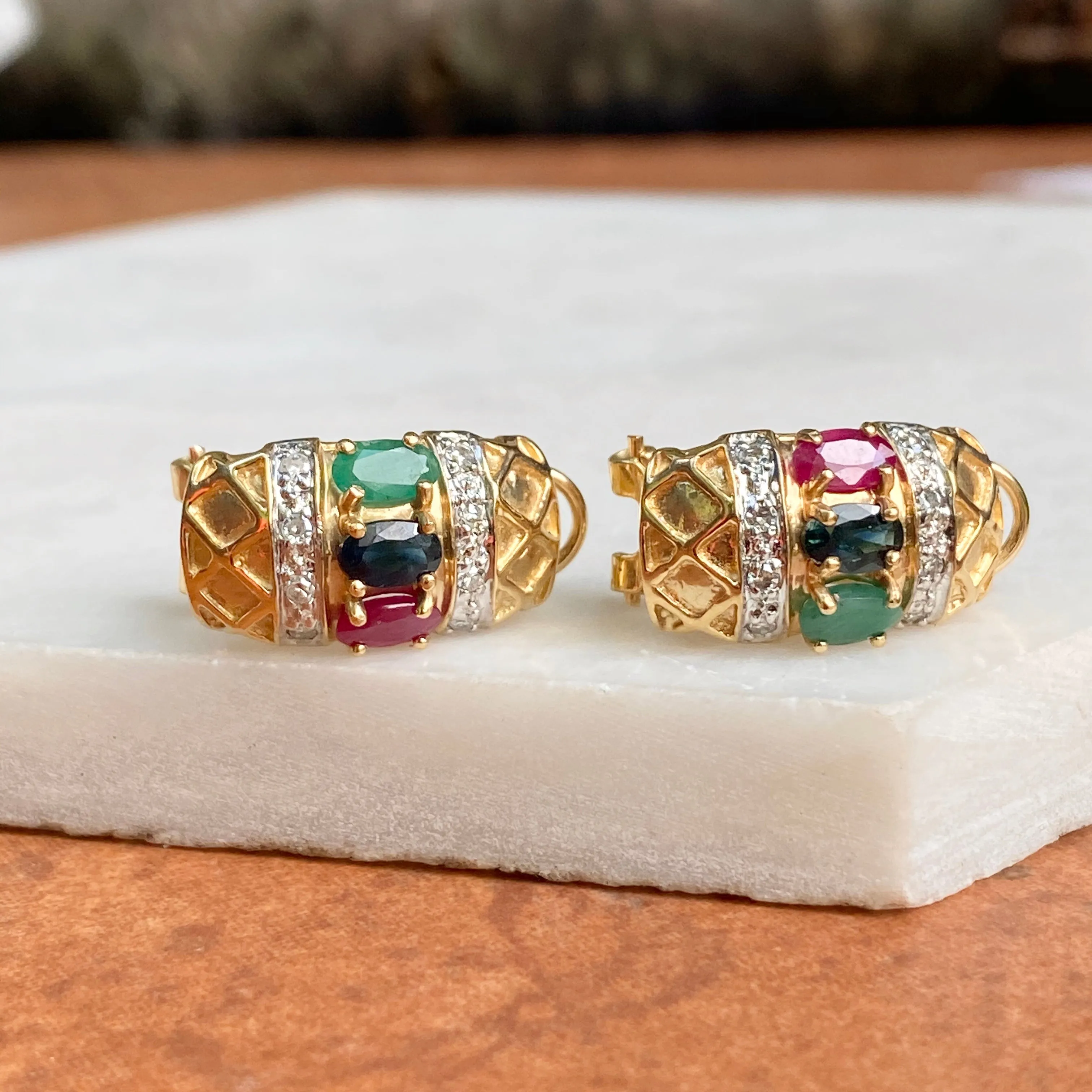 Estate 14KT Yellow Gold Pave Diamond   Ruby, Sapphire, Emerald Omega Back Earrings