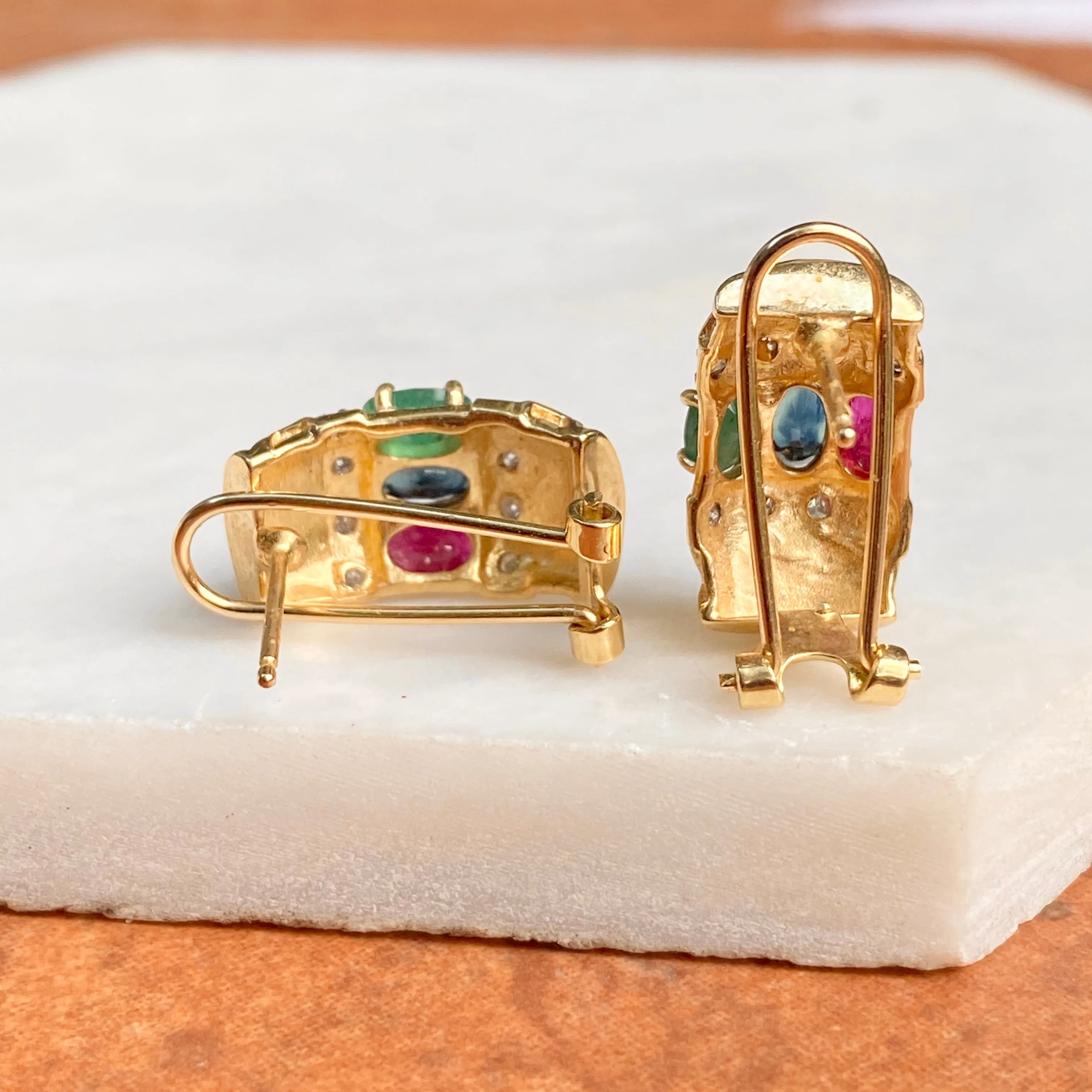 Estate 14KT Yellow Gold Pave Diamond   Ruby, Sapphire, Emerald Omega Back Earrings
