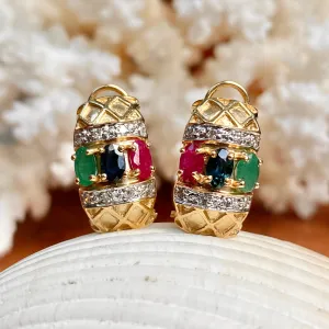 Estate 14KT Yellow Gold Pave Diamond   Ruby, Sapphire, Emerald Omega Back Earrings