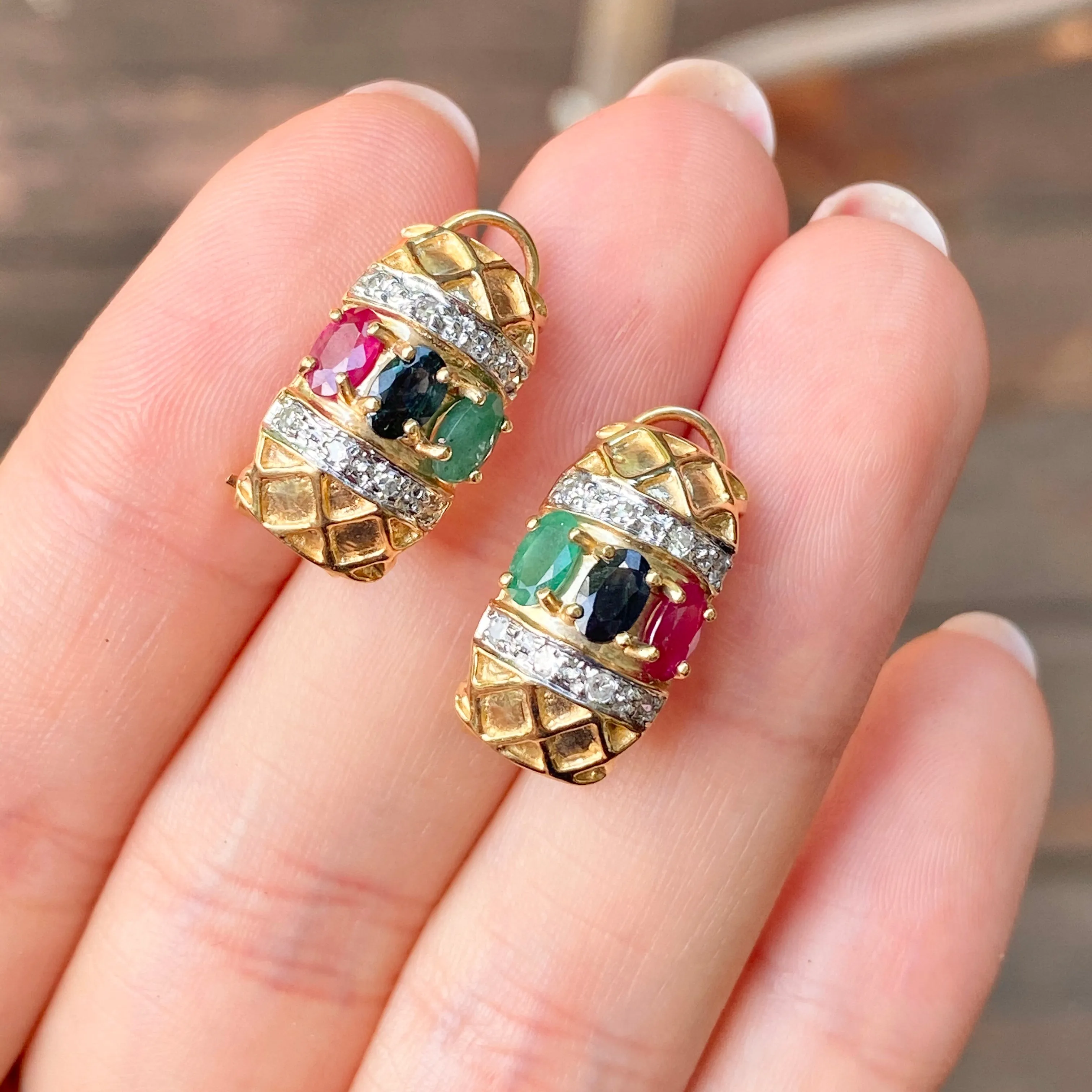 Estate 14KT Yellow Gold Pave Diamond   Ruby, Sapphire, Emerald Omega Back Earrings