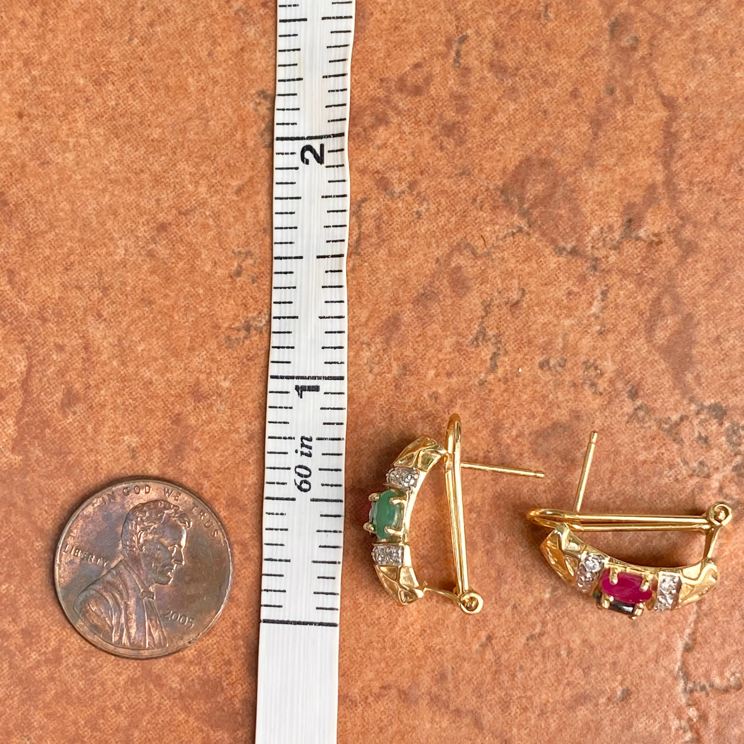 Estate 14KT Yellow Gold Pave Diamond   Ruby, Sapphire, Emerald Omega Back Earrings