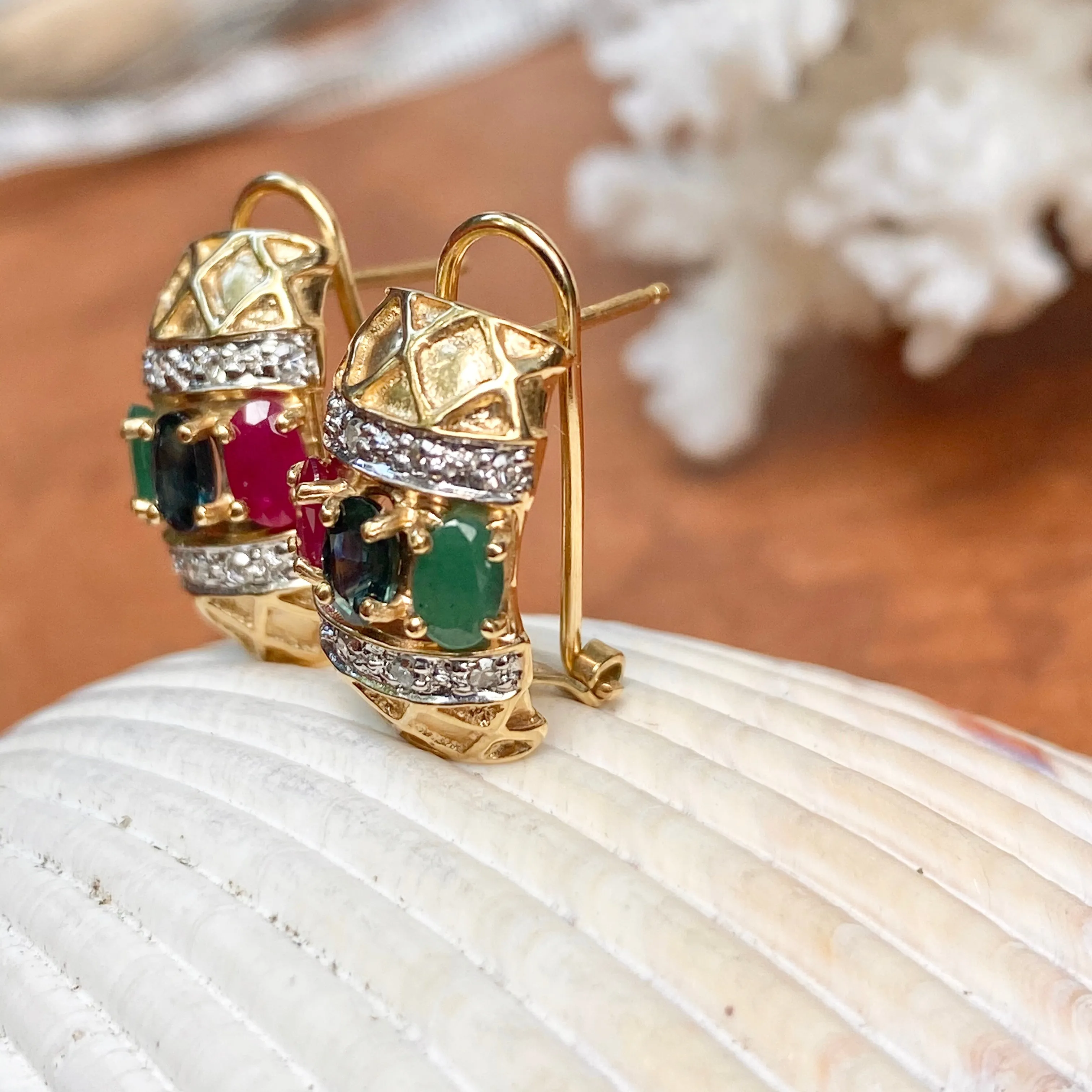 Estate 14KT Yellow Gold Pave Diamond   Ruby, Sapphire, Emerald Omega Back Earrings