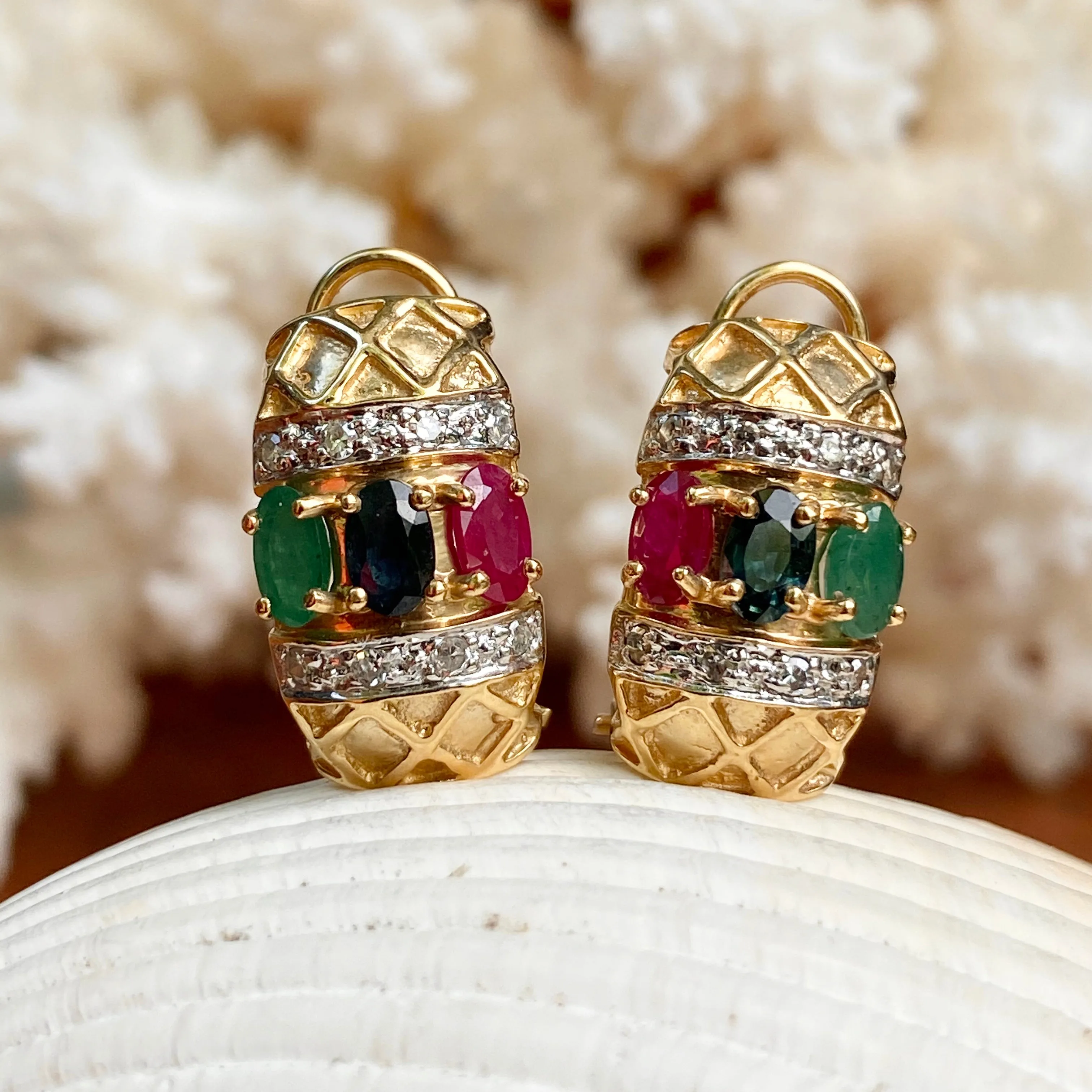 Estate 14KT Yellow Gold Pave Diamond   Ruby, Sapphire, Emerald Omega Back Earrings