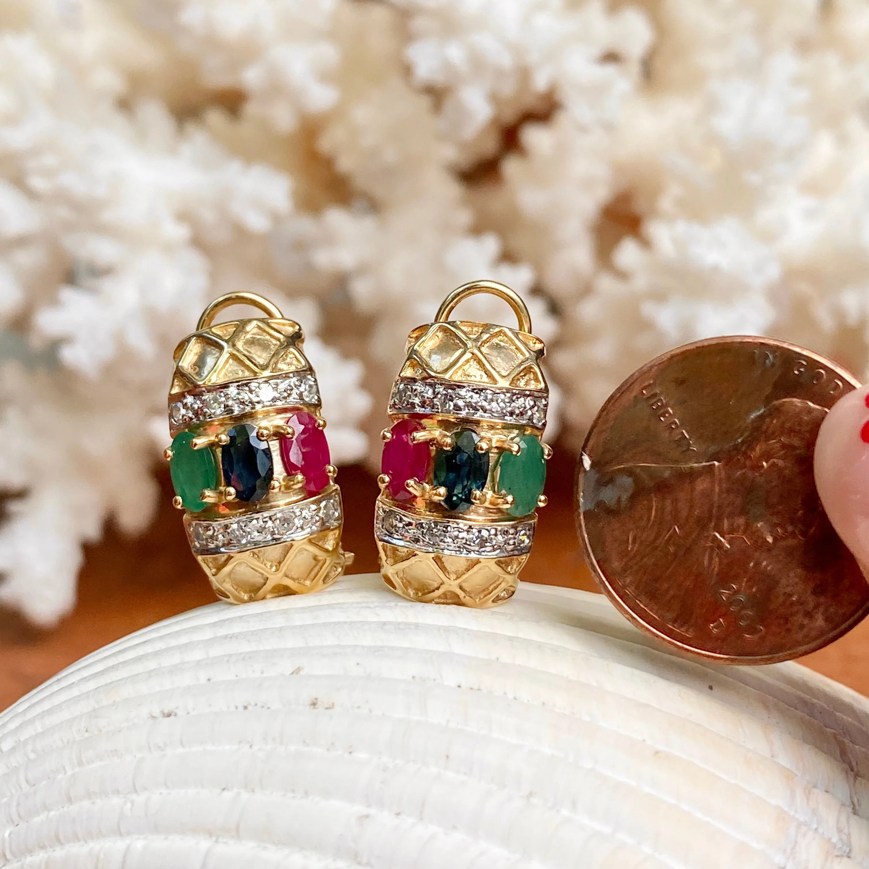 Estate 14KT Yellow Gold Pave Diamond   Ruby, Sapphire, Emerald Omega Back Earrings