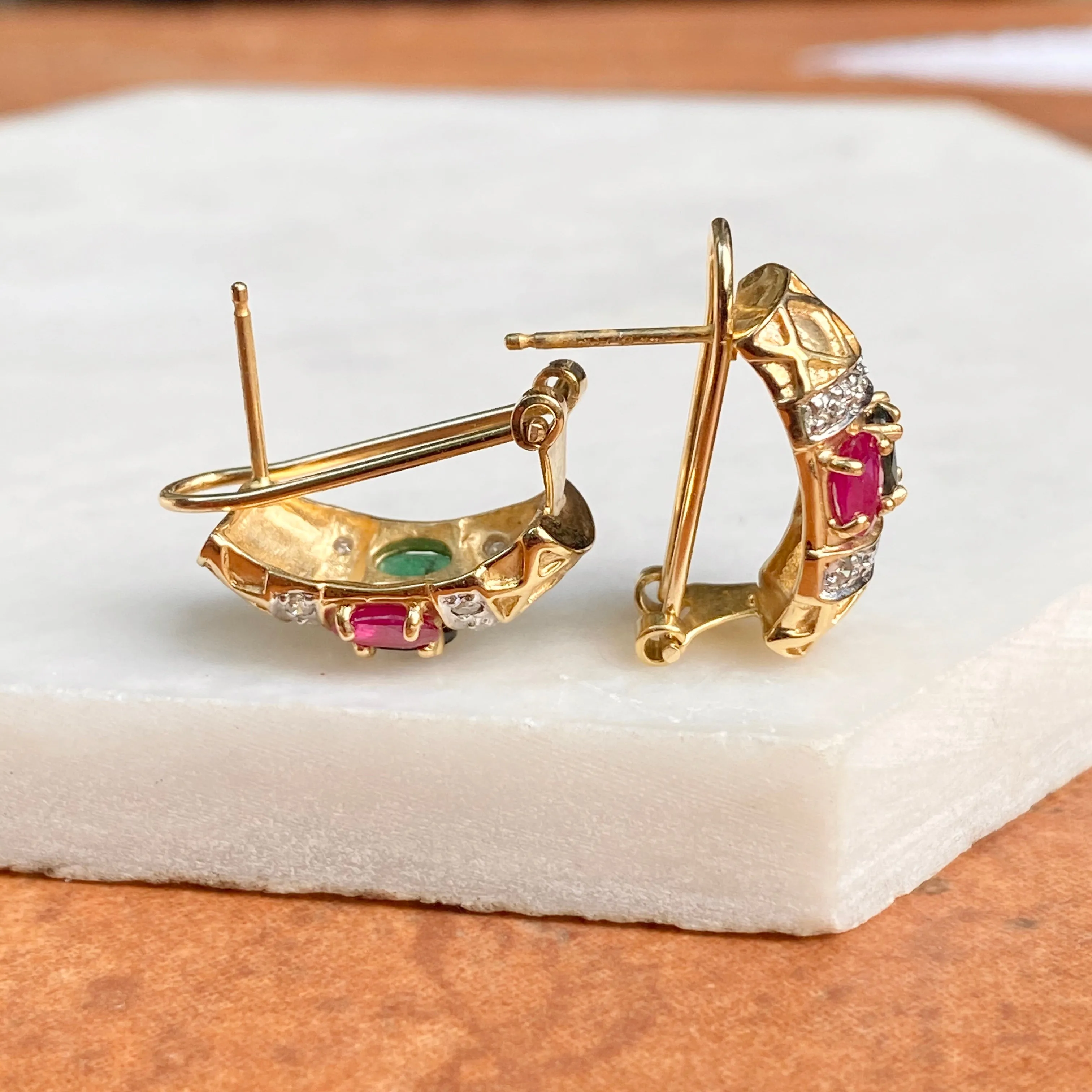 Estate 14KT Yellow Gold Pave Diamond   Ruby, Sapphire, Emerald Omega Back Earrings