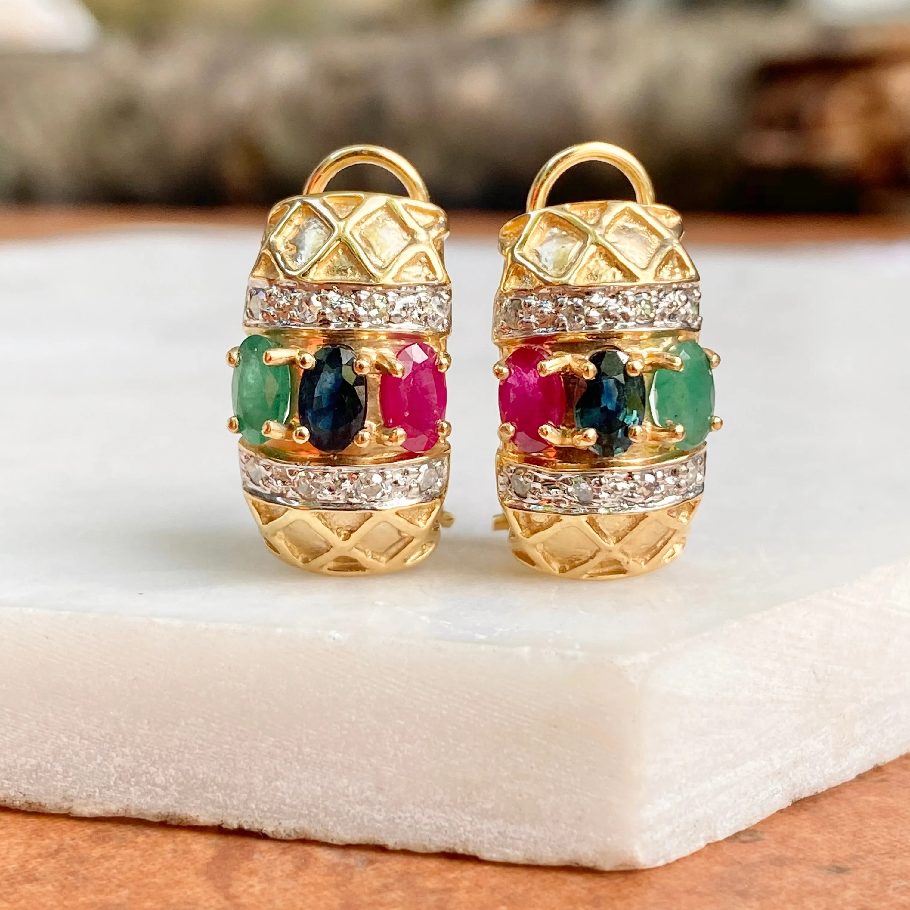 Estate 14KT Yellow Gold Pave Diamond   Ruby, Sapphire, Emerald Omega Back Earrings