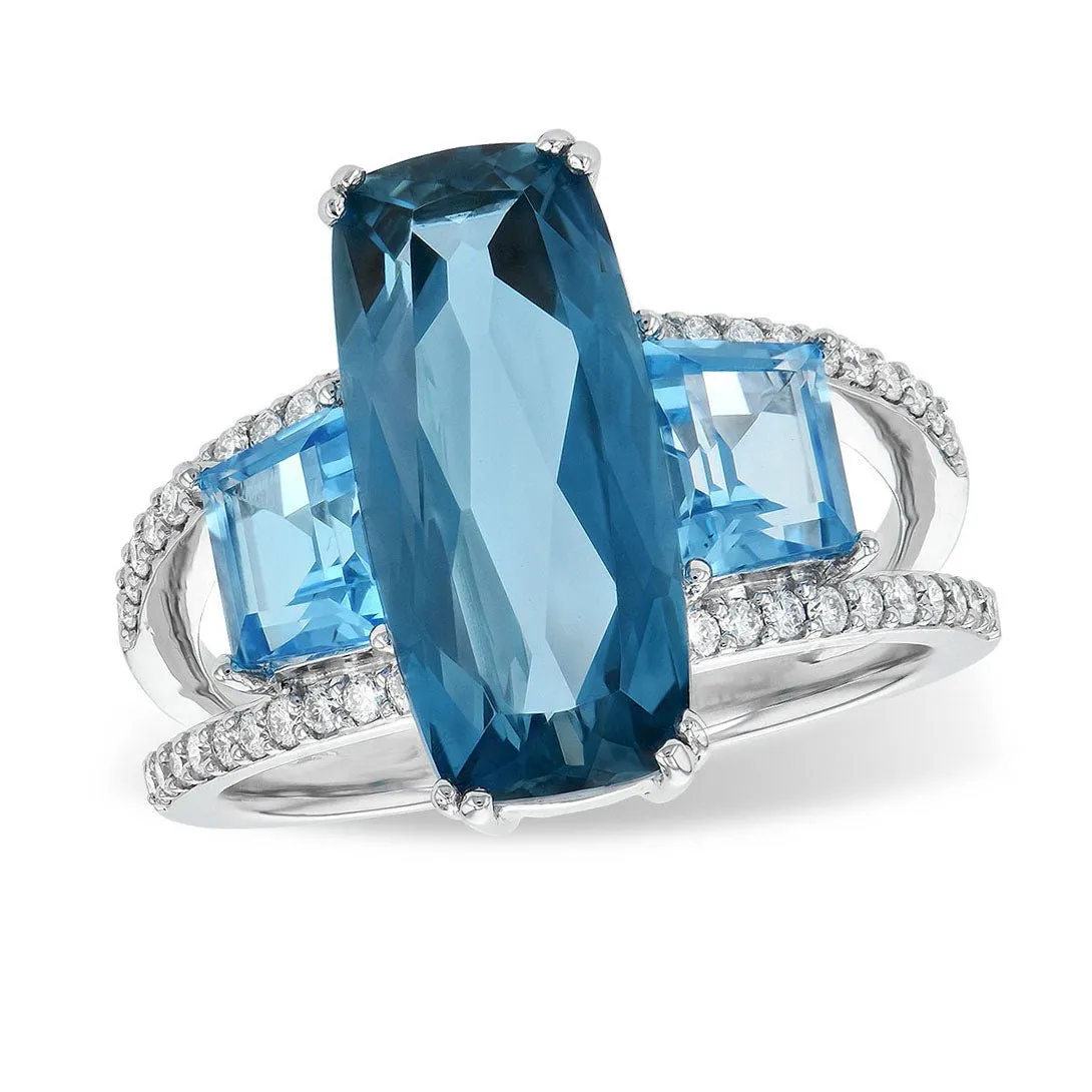 Fancy Cut London Blue Topaz & Sky Blue Topaz 3 Stone Style Ring