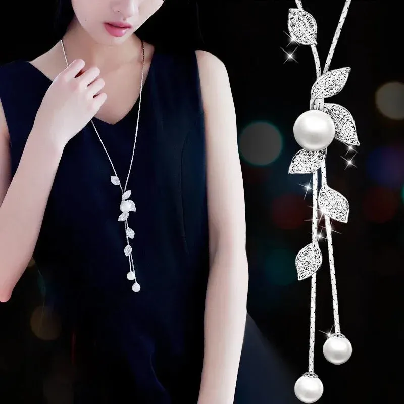 Fashion Elegant Simulated Pearl Choker Necklaces For Women Silver Color Chain Long Necklace Pendant Jewelry Accessories