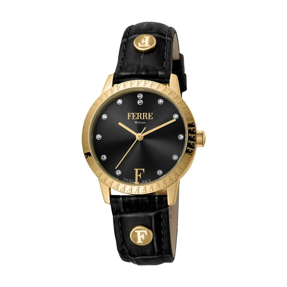 Ferre Milano Ladies Watch Stainless Steel Case With Black Leather Strap