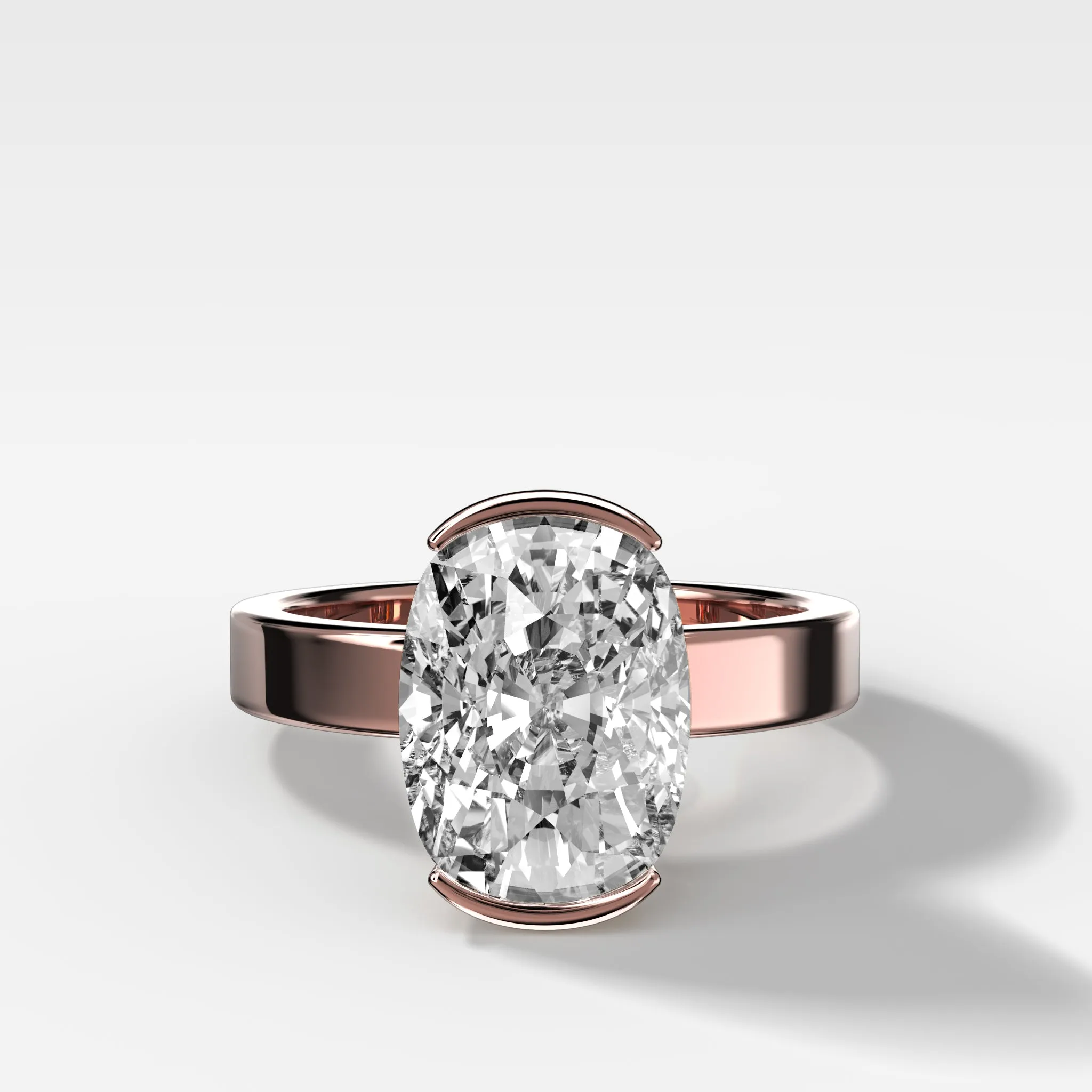Finest Half Bezel Solitaire Engagement Ring With Elongated Cushion Cut Diamond