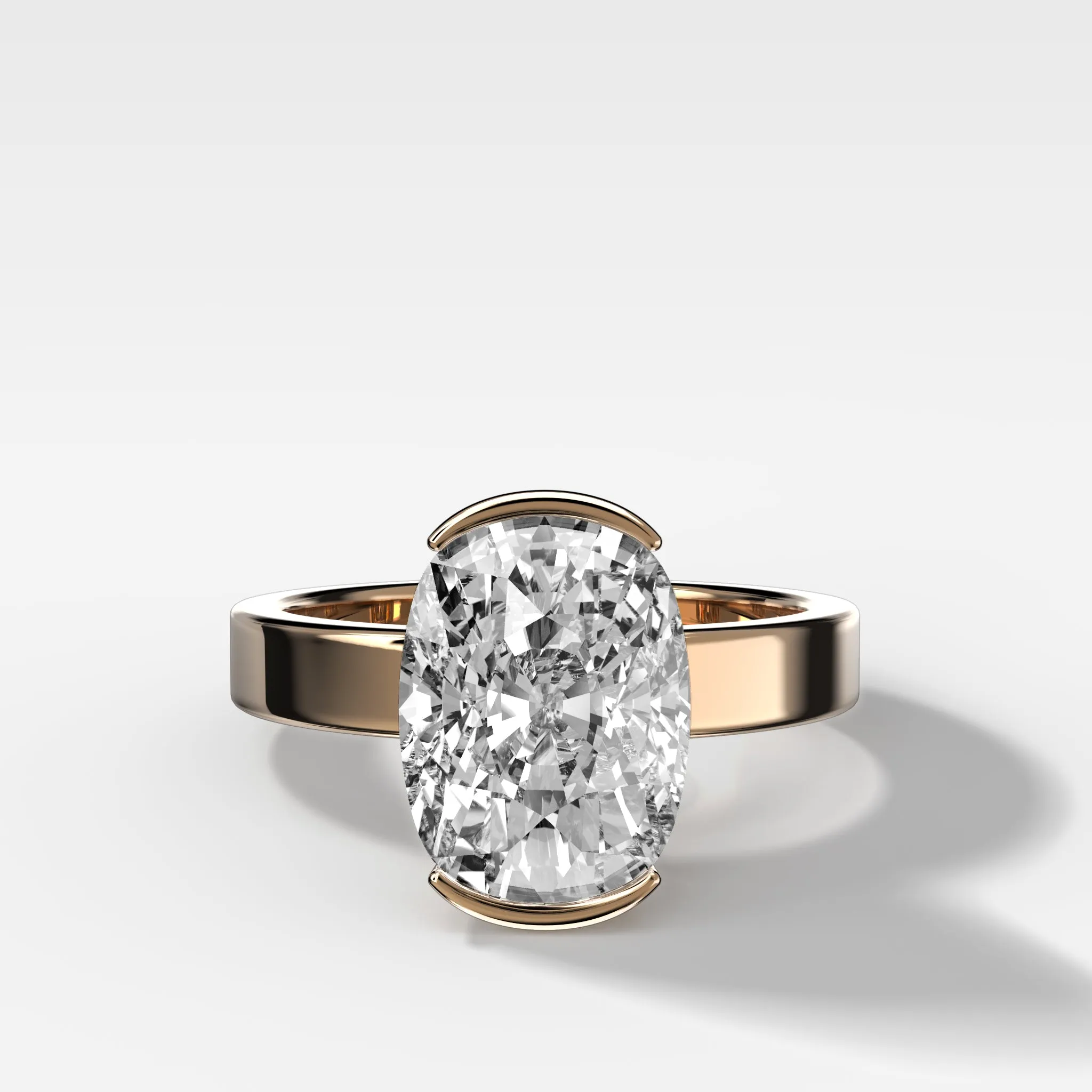 Finest Half Bezel Solitaire Engagement Ring With Elongated Cushion Cut Diamond