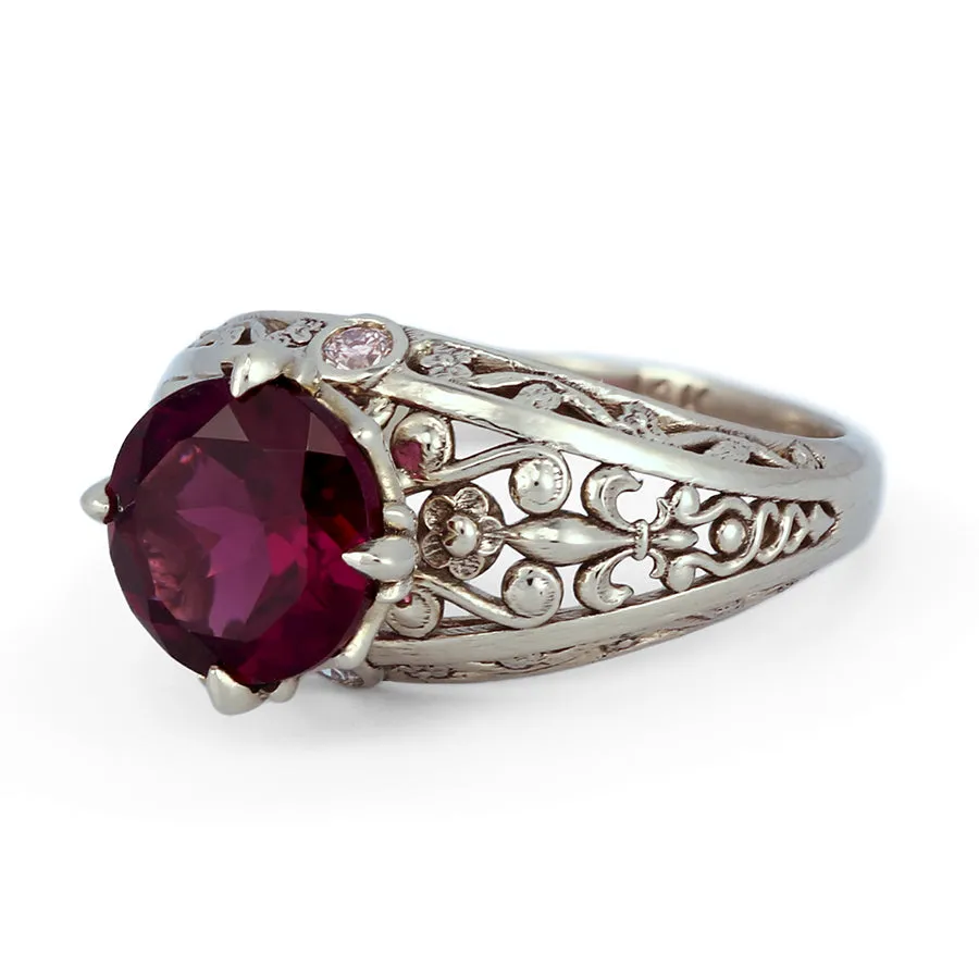 Fleur-de-lis Engagement Ring with Rhodolite Garnet and Diamonds