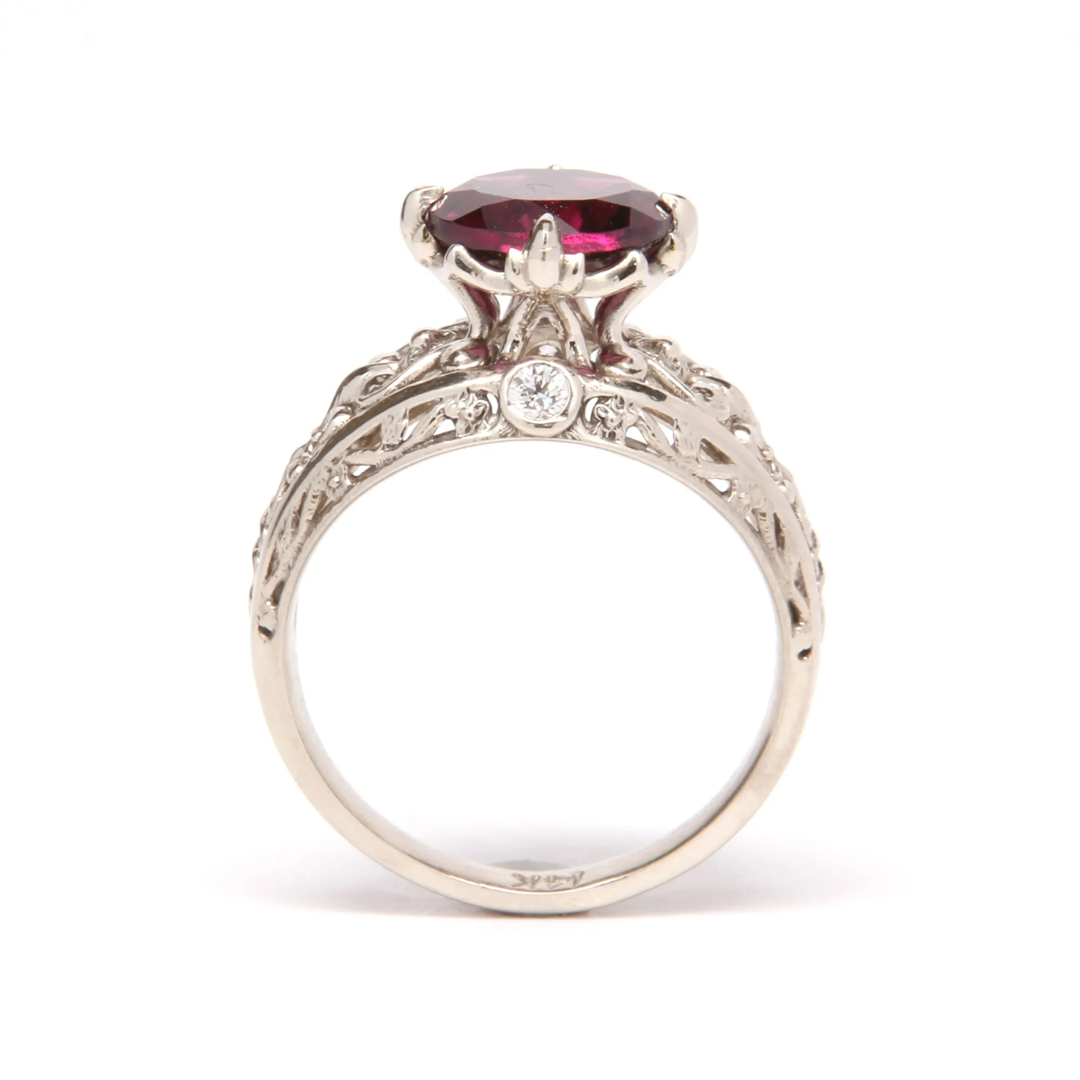 Fleur-de-lis Engagement Ring with Rhodolite Garnet and Diamonds