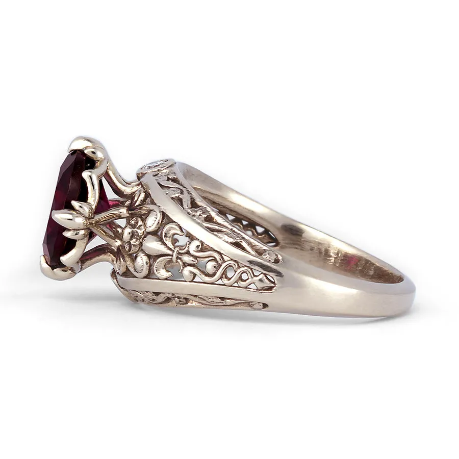 Fleur-de-lis Engagement Ring with Rhodolite Garnet and Diamonds