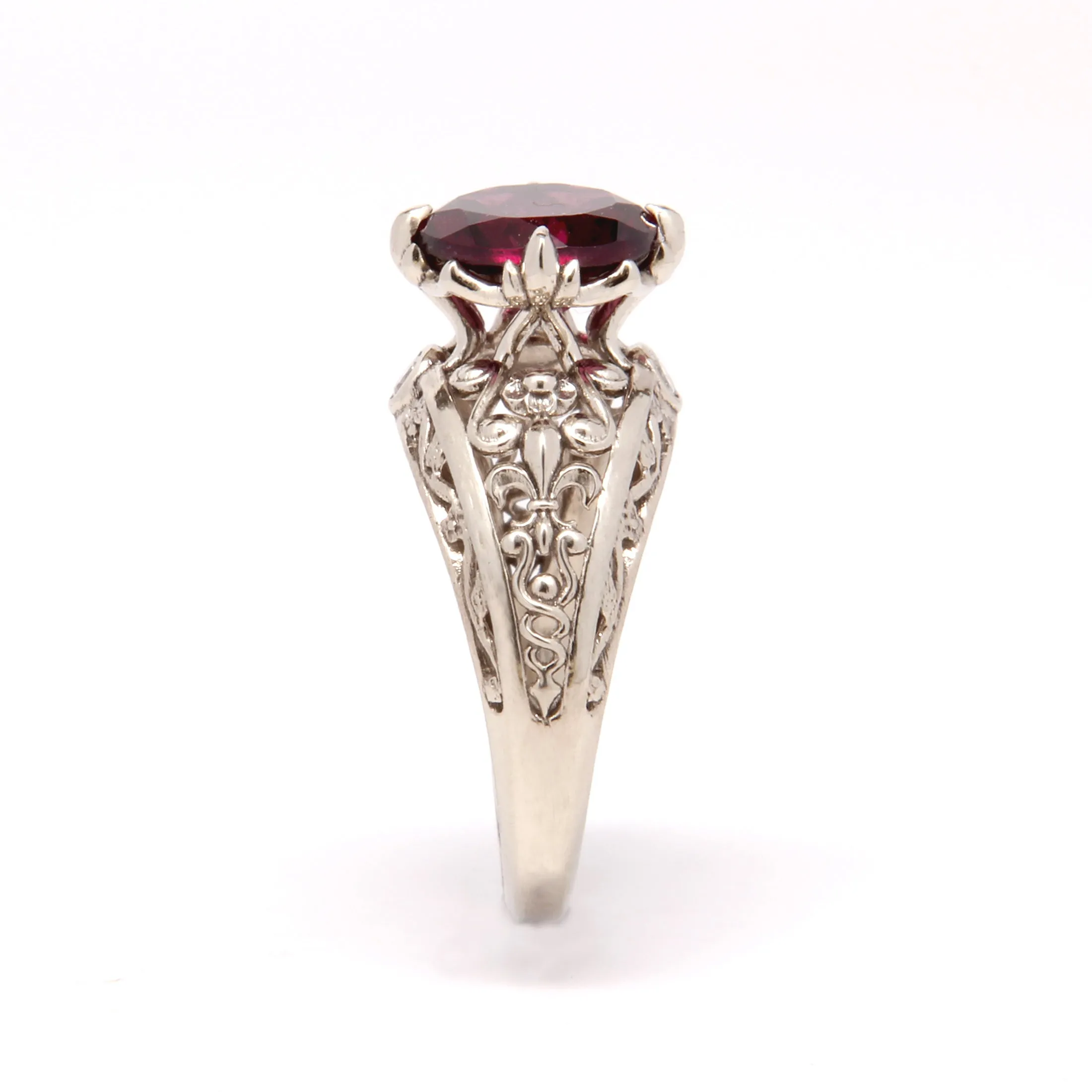 Fleur-de-lis Engagement Ring with Rhodolite Garnet and Diamonds