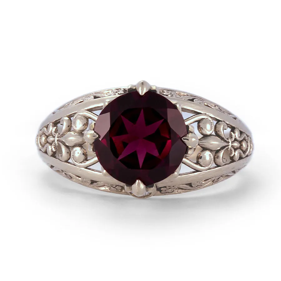 Fleur-de-lis Engagement Ring with Rhodolite Garnet and Diamonds