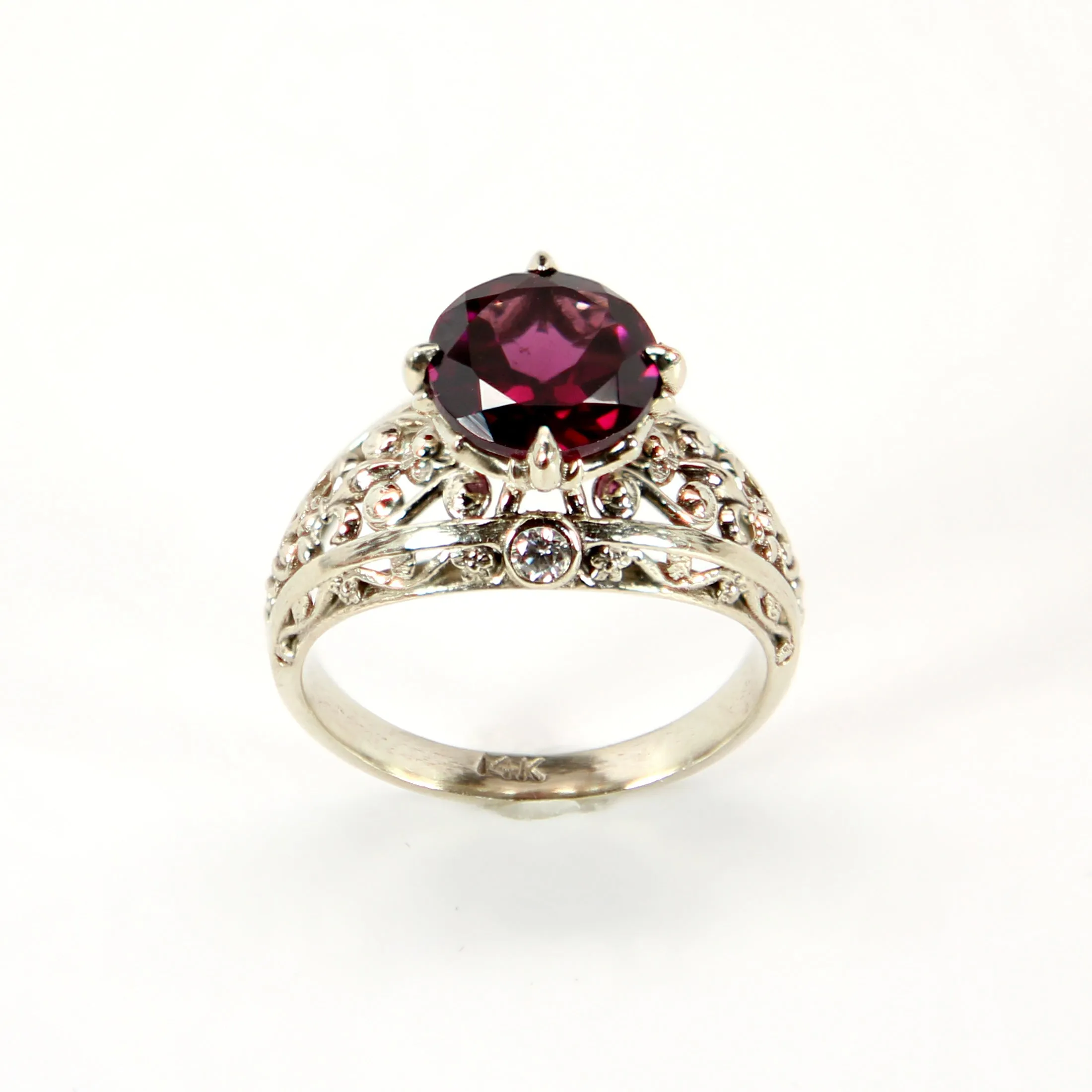 Fleur-de-lis Engagement Ring with Rhodolite Garnet and Diamonds