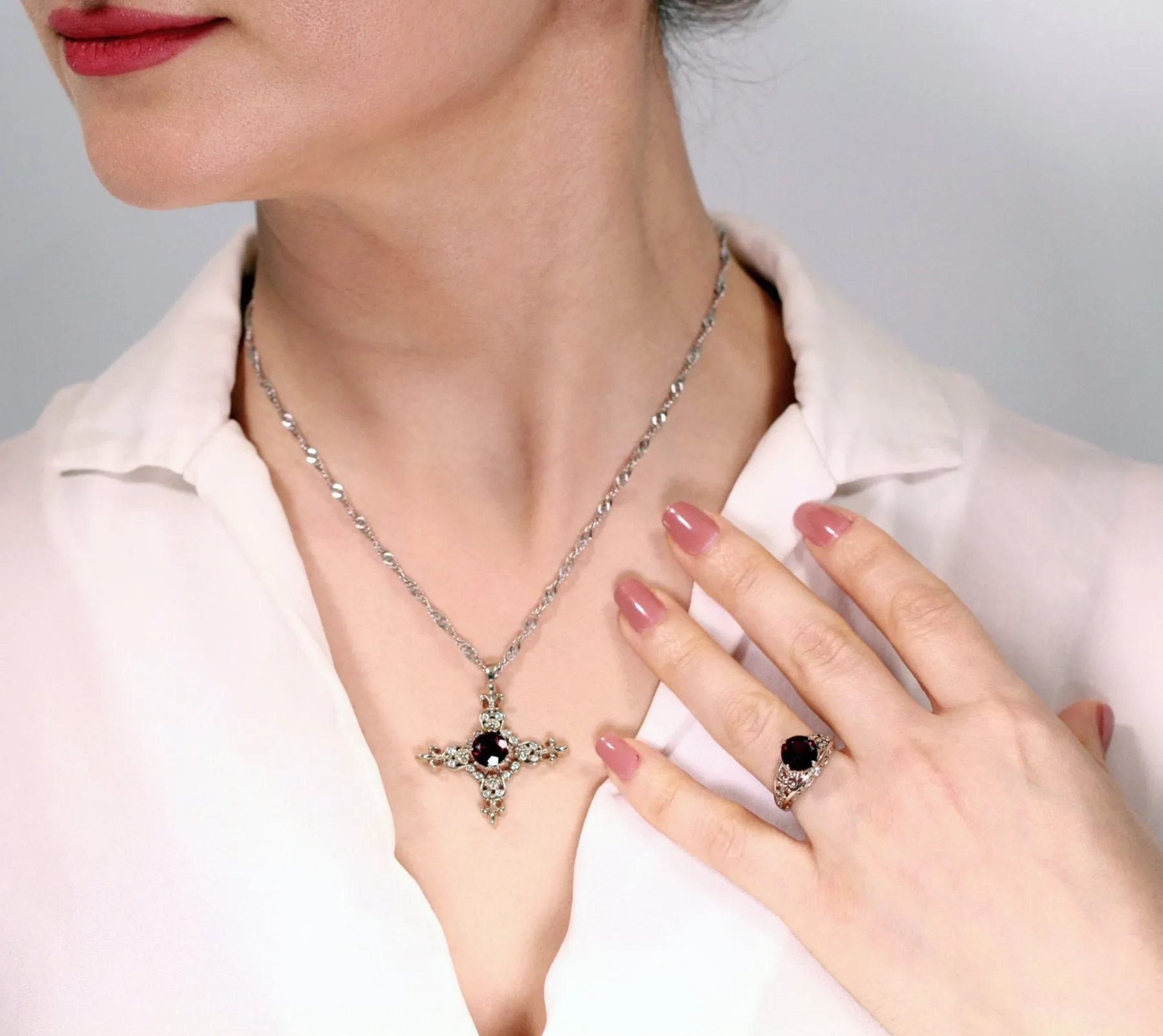 Fleur-de-lis Engagement Ring with Rhodolite Garnet and Diamonds