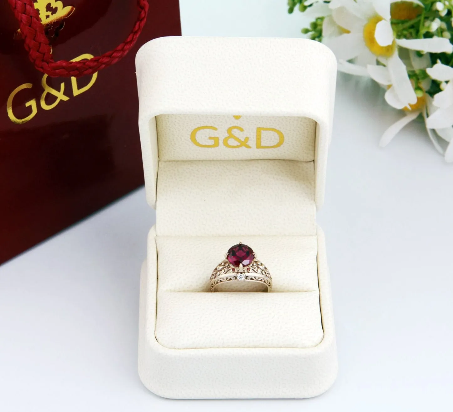 Fleur-de-lis Engagement Ring with Rhodolite Garnet and Diamonds