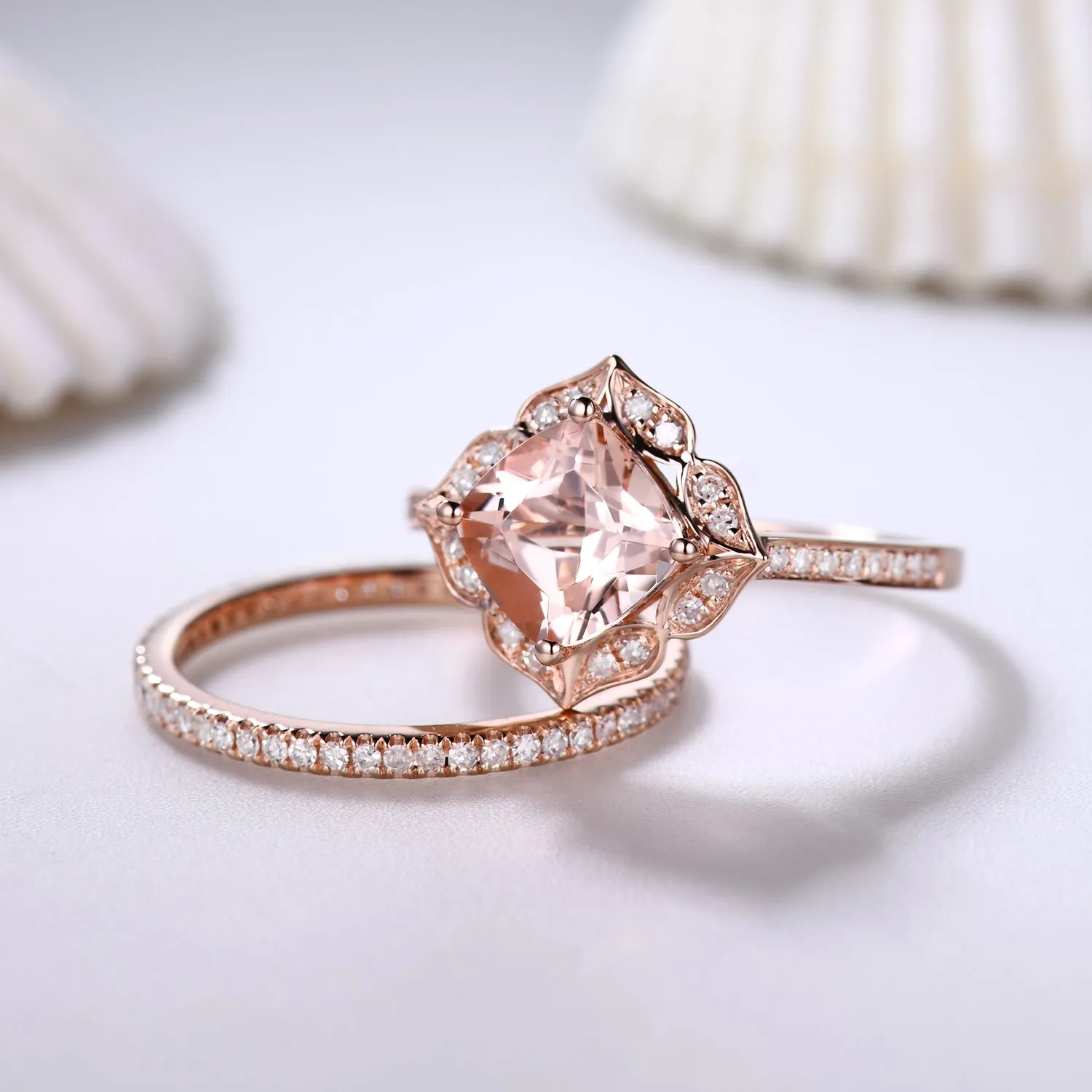 Floral Cushion Cut Morganite Engagement Ring Set and Diamond Full Eternity Band