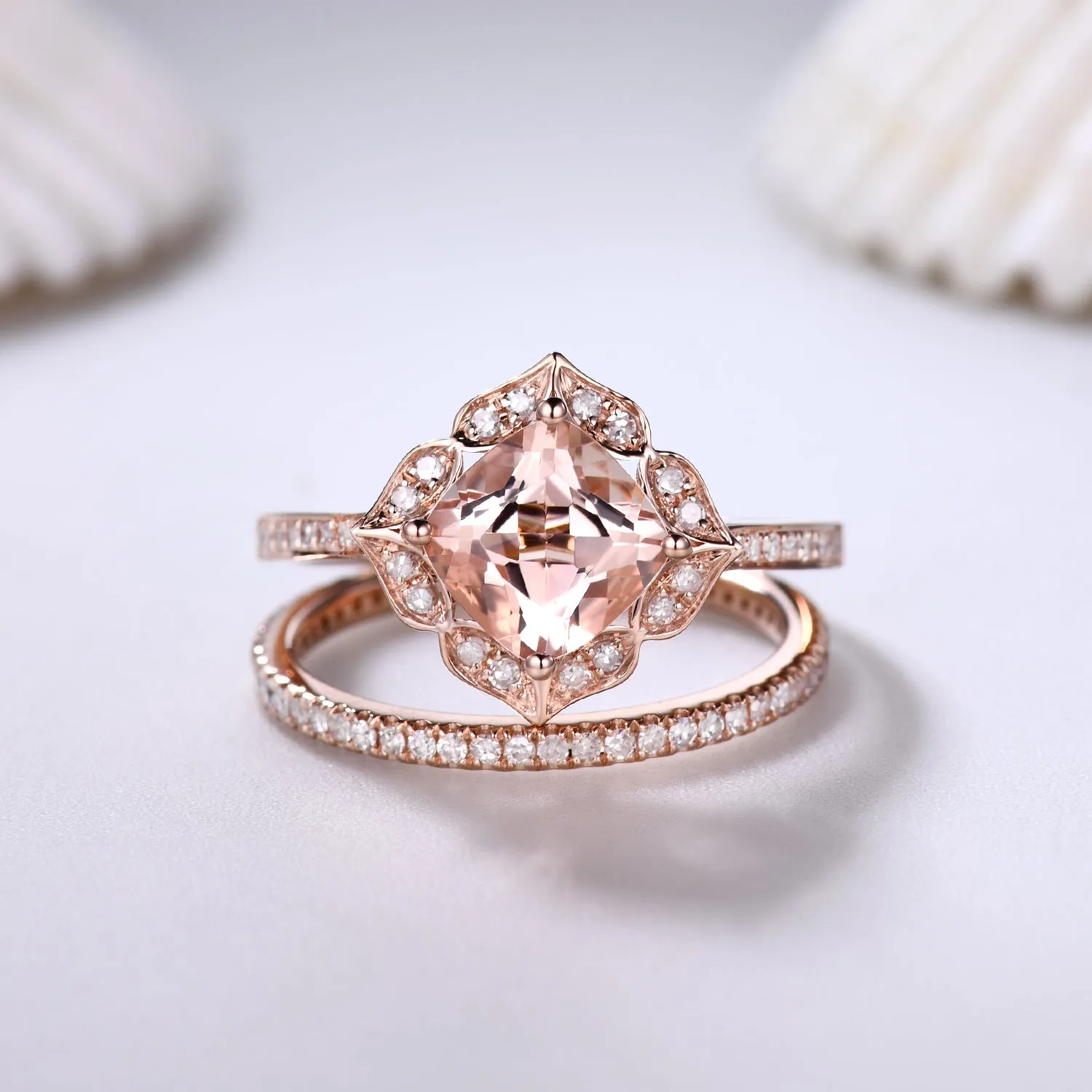 Floral Cushion Cut Morganite Engagement Ring Set and Diamond Full Eternity Band