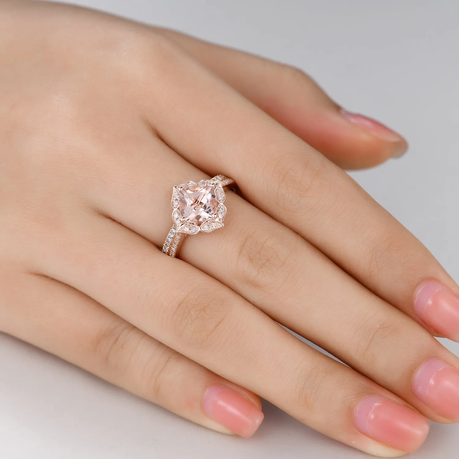 Floral Cushion Cut Morganite Engagement Ring Set and Diamond Full Eternity Band