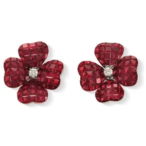 Flower Design Ruby and Diamond Earrings in 18k White Gold