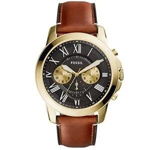 Fossil Grant Brown Leather Strap Black Dial Chronograph Quartz Watch for Gents - FS5297