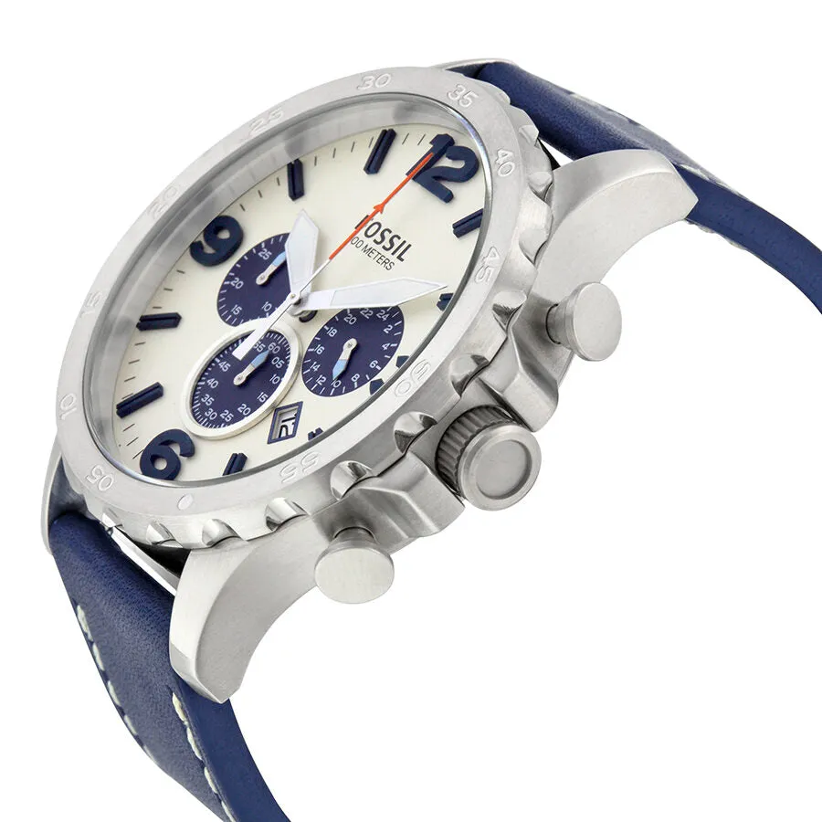 Fossil Nate Chronograph Beige Dial Navy Blue Leather Men's Watch JR1480