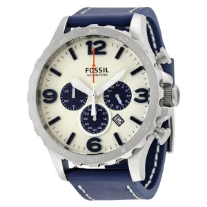Fossil Nate Chronograph Beige Dial Navy Blue Leather Men's Watch JR1480
