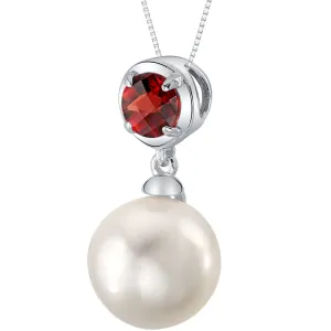 Freshwater Cultured 10mm White Pearl and Garnet Pendant Necklace Sterling Silver