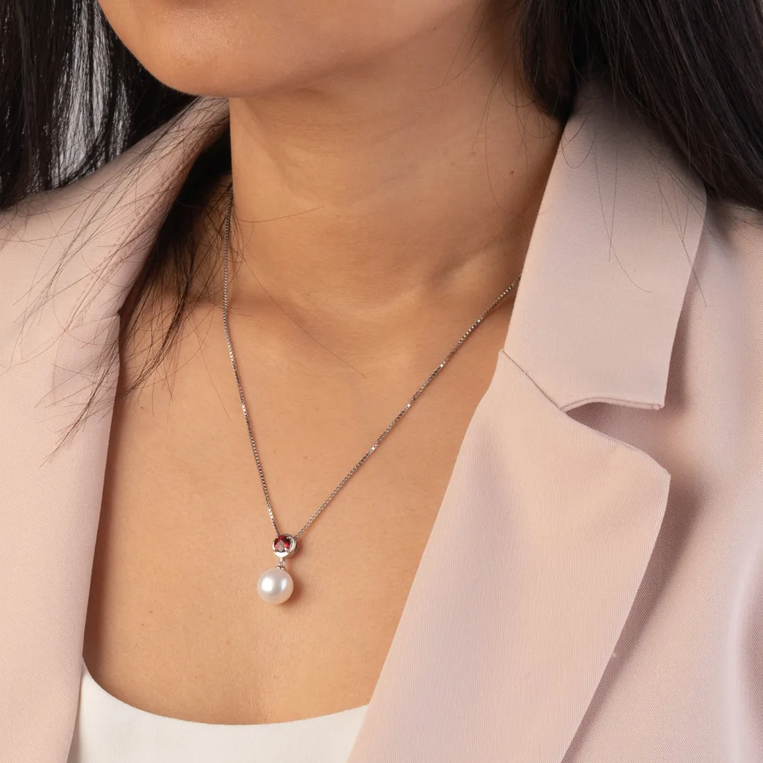 Freshwater Cultured 10mm White Pearl and Garnet Pendant Necklace Sterling Silver