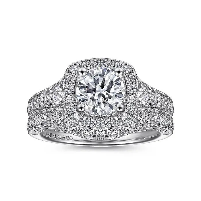 Gabriel & Co. Vintage Cushion Halo Round Diamond Engagement Ring ER7293W44JJ